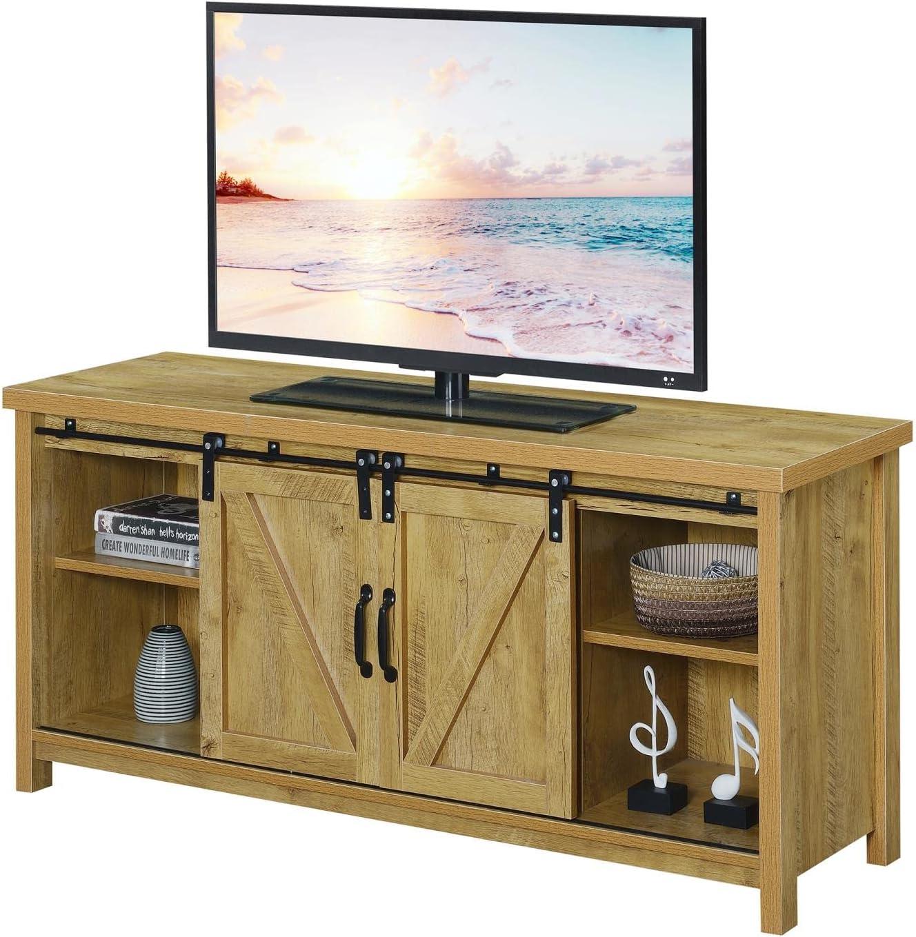 Convenience Concepts Blake Barn Door TV Stand with Shelves and Sliding Cabinets for TVs up to 60 Inches, English Oak