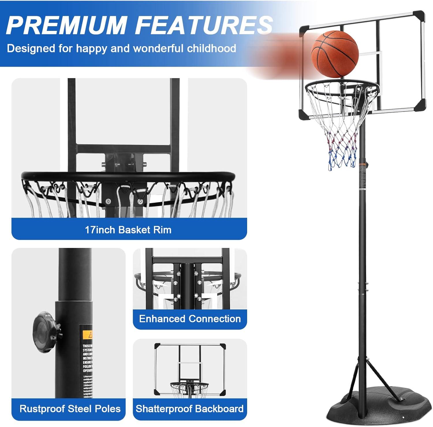 32'' Portable Basketball Hoop System, Upgraded SEGMART Indoor Outdoor Basketball Goal with 7.5ft-9.2ft Height Adjustable, Basketball Hoop Stand with 2 Wheels, Fillable Base for Youth Adults