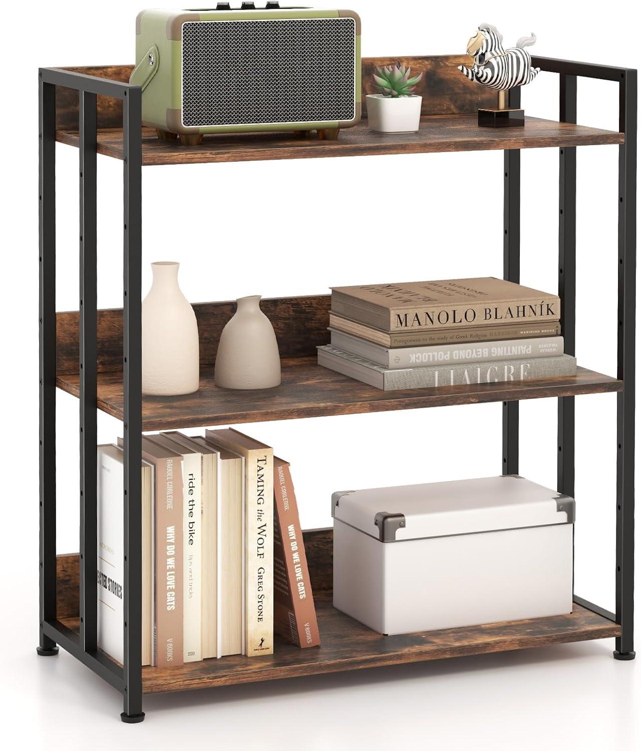 Industrial Black Metal 3-Tier Adjustable Bookshelf