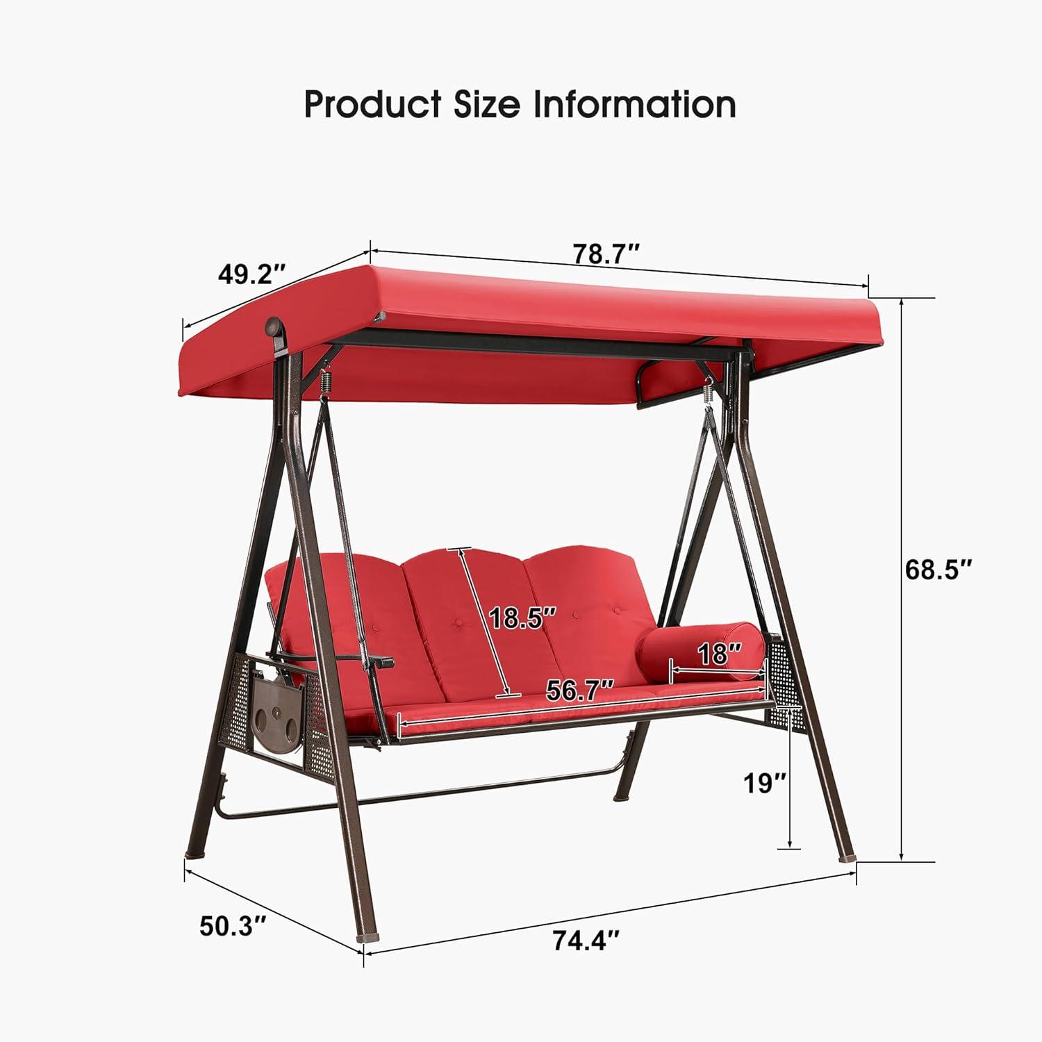 Red Cushioned 3-Seater Brown Steel Patio Swing with Canopy