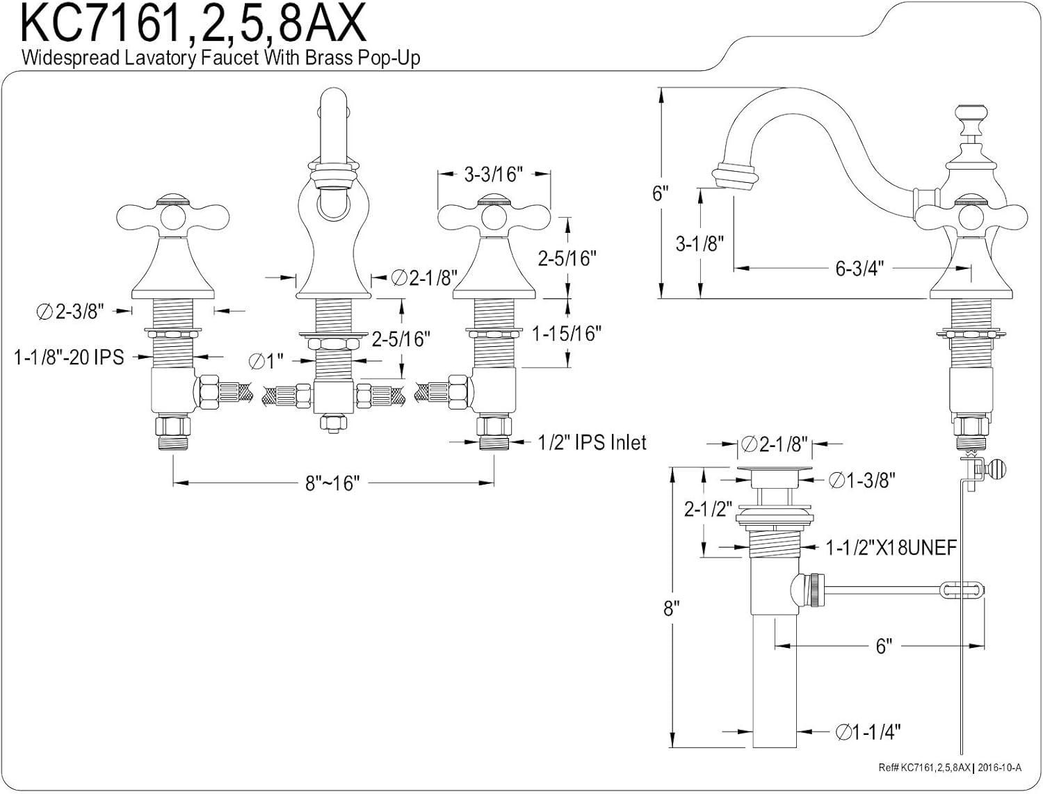 Kingston Brass Vintage Two-Handle 3-Hole Deck Mount Widespread Bathroom Faucet with Brass Pop-Up Drain