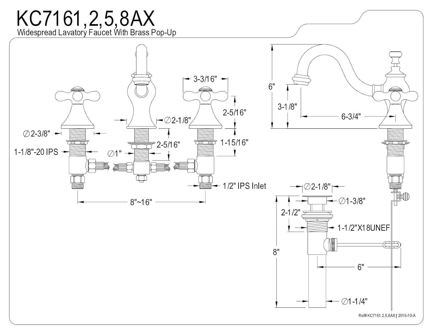 Kingston Brass Vintage Two-Handle 3-Hole Deck Mount Widespread Bathroom Faucet with Brass Pop-Up Drain