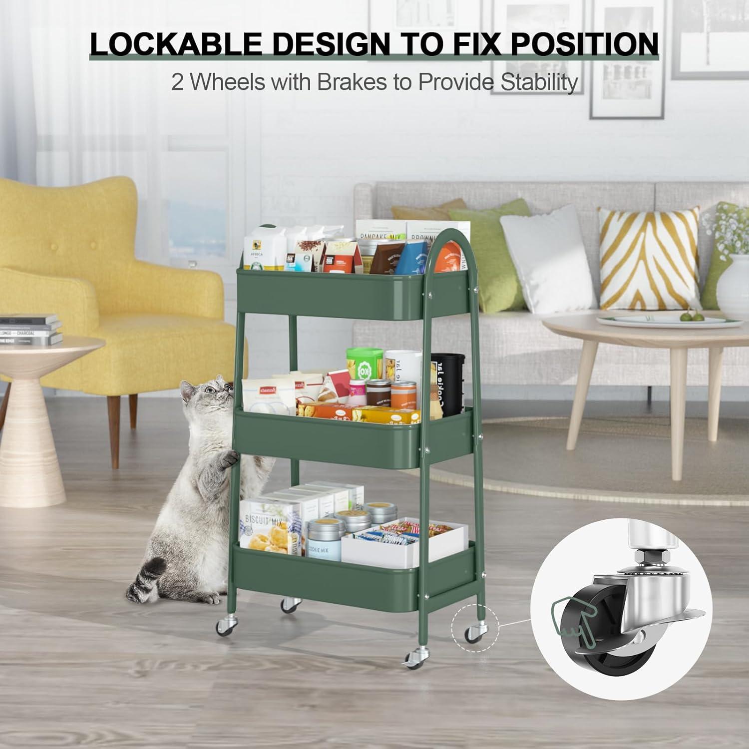 edx 3 Tier Rolling Cart, Metal Utility Cart Storage Organizer with Lockable Casters, Multi-Functional Mesh Rolling Storage Cart for Kitchen Office, Green