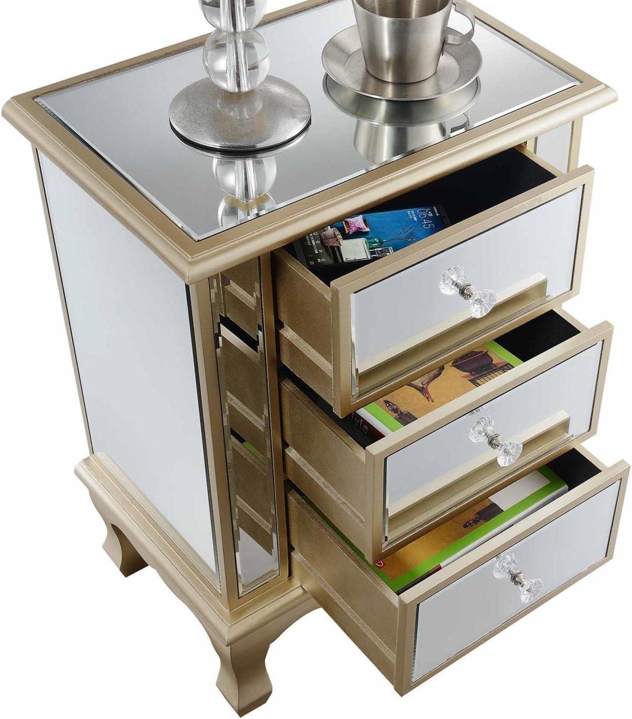 Gold Coast Vineyard 3 Drawer Mirrored End Table In White Wood and Mirrored Glass