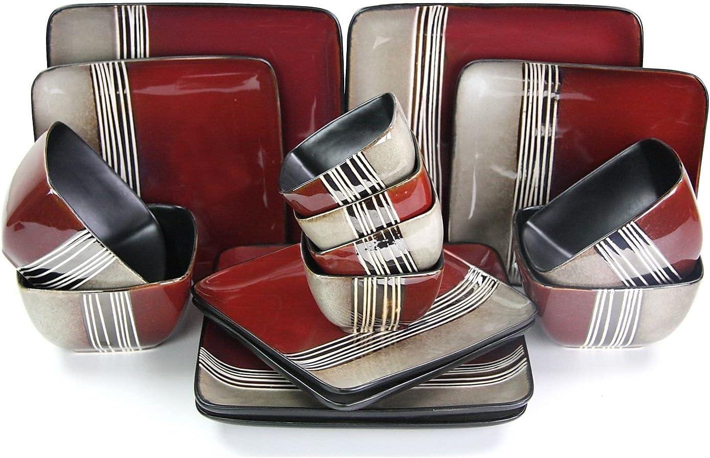 Red and Tan Ceramic 16-Piece Dinnerware Set for 4