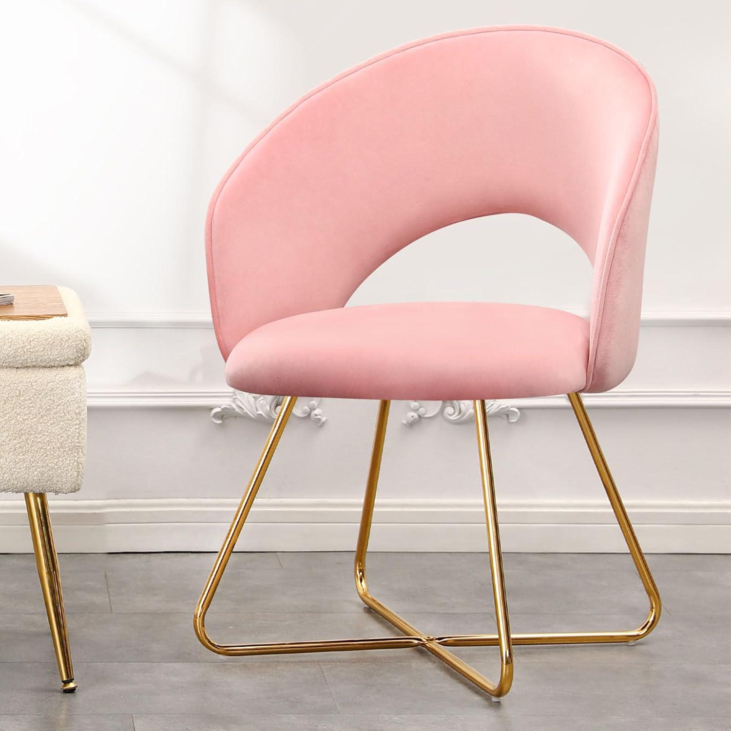 Furniliving  Velvet Upholstered Accent Chair Mid-Back Leisure Chairs Makeup Vanity Stool  , Pink