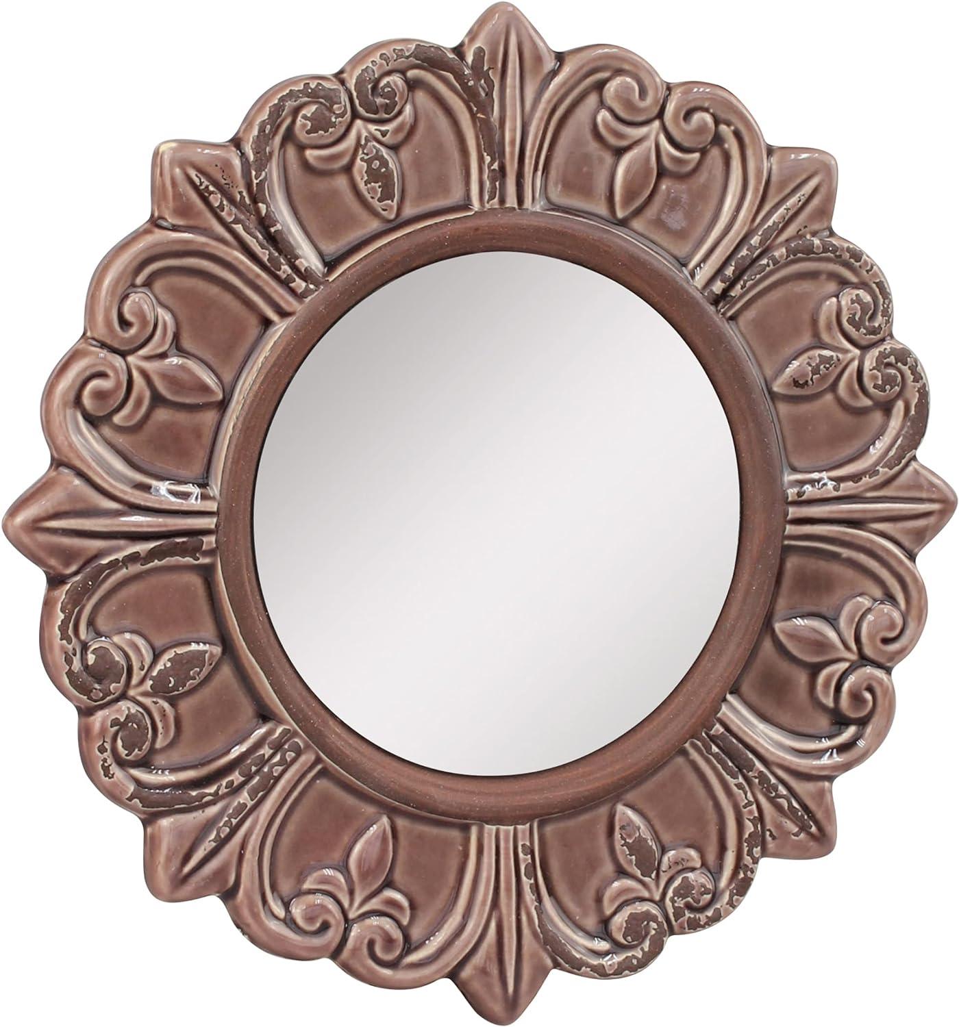 Elegant Parisian Fleur de Lis 9" Round Ceramic Wall Mirror in Warm Taupe