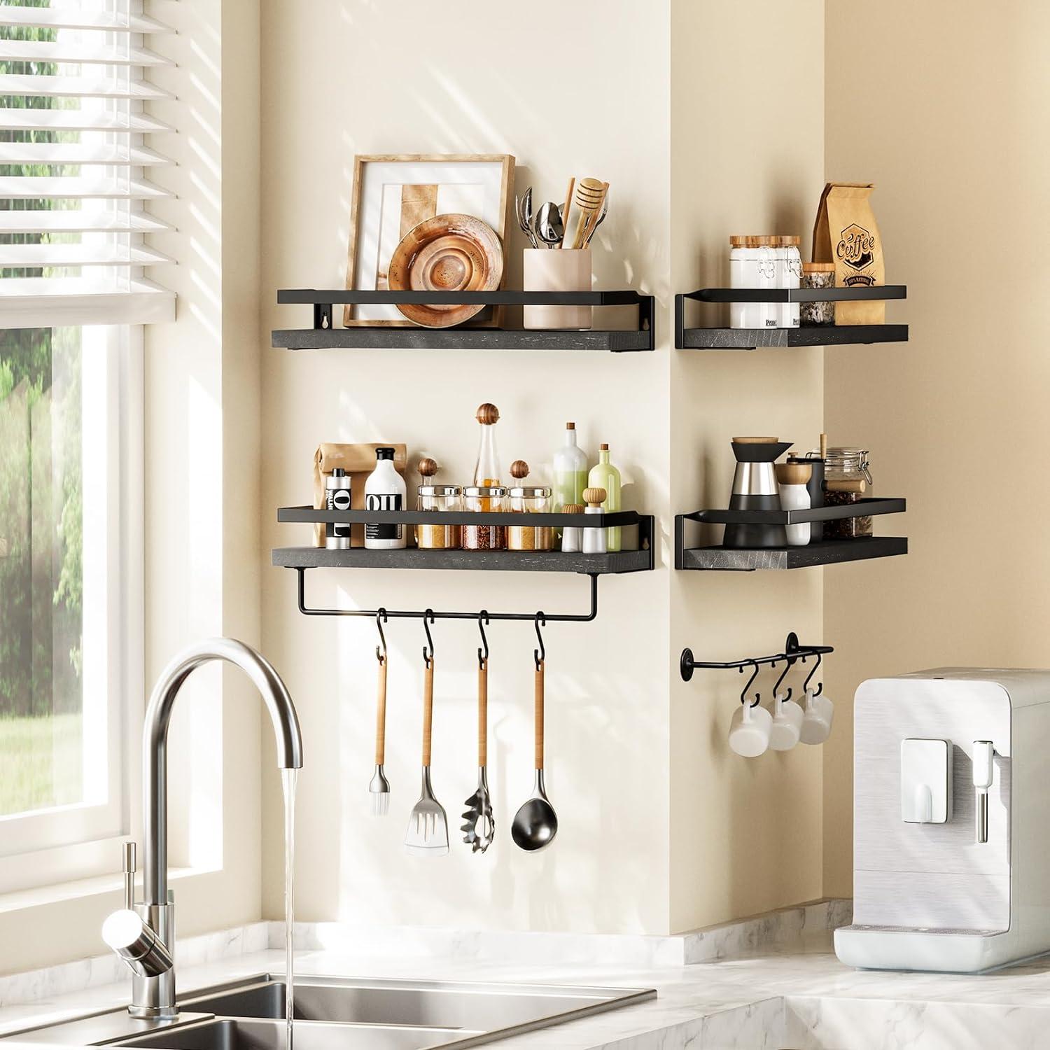 Black Wood Floating Wall Shelves with Towel Bar