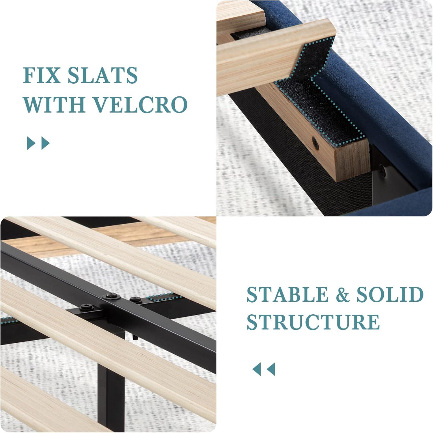 BizChair Queen Upholstered Platform Bed with Vertical Stitched Wingback Headboard, Slatted Mattress Foundation, No Box Spring Needed, Navy Velvet