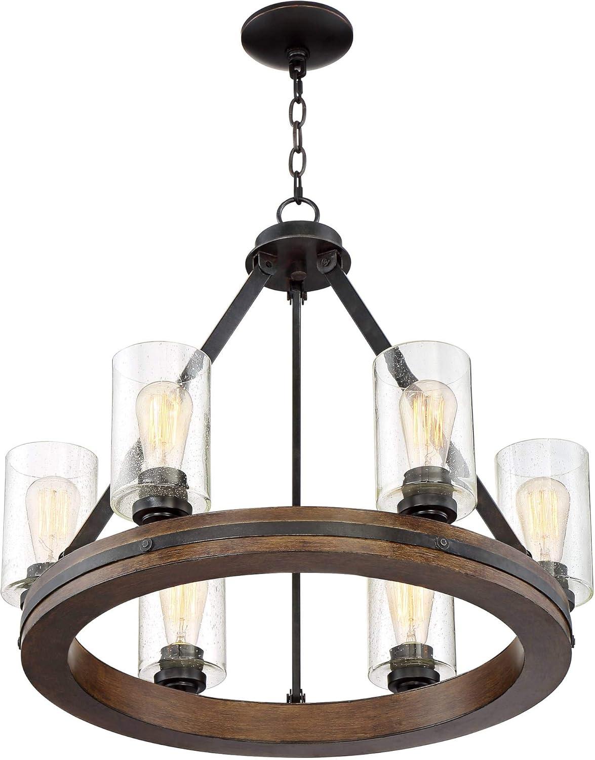 Franklin Iron Works Metal Wood Wagon Wheel Chandelier 25" Wide Rustic Farmhouse Clear Seeded Glass 6-Light Fixture for Dining Room