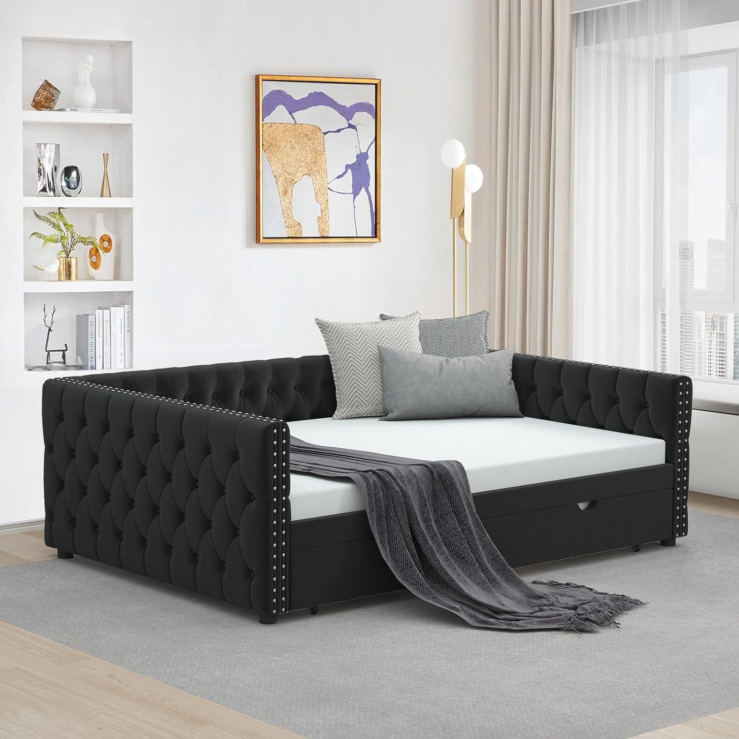 KNeretva Velvet Full Daybed with Twin Trundle, Modern Upholstered Full Size Day Bed Button-Tufted Sofa Daybed Frame (Black)