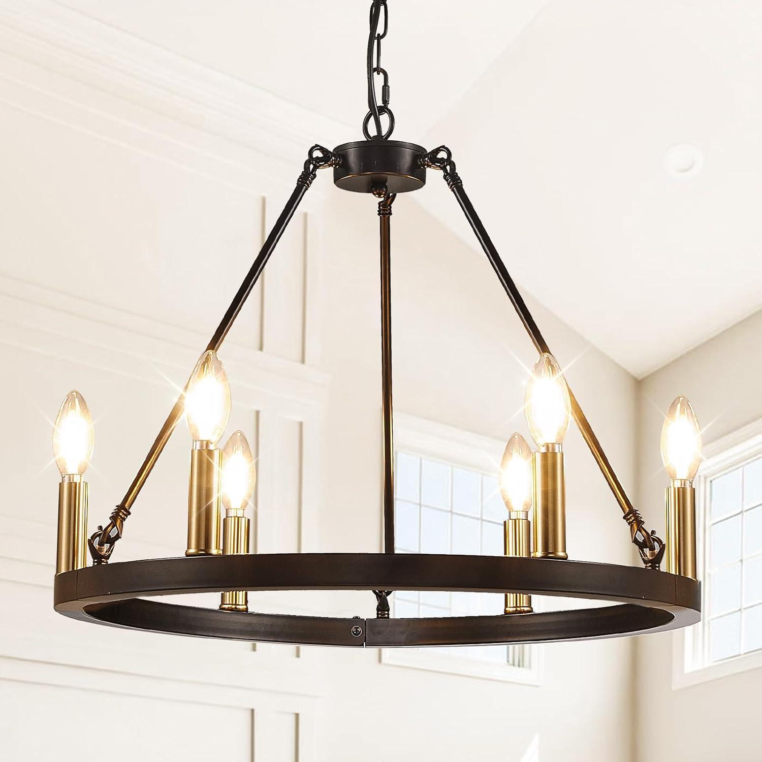 6-Light Black and Gold Chandelier, Farmhouse Wagon Wheel Chandelier, Round Chandeliers for Dining Room, Rustic Kitchen Island Iight Fixtures, Dining Room Light Fixtures Over Table