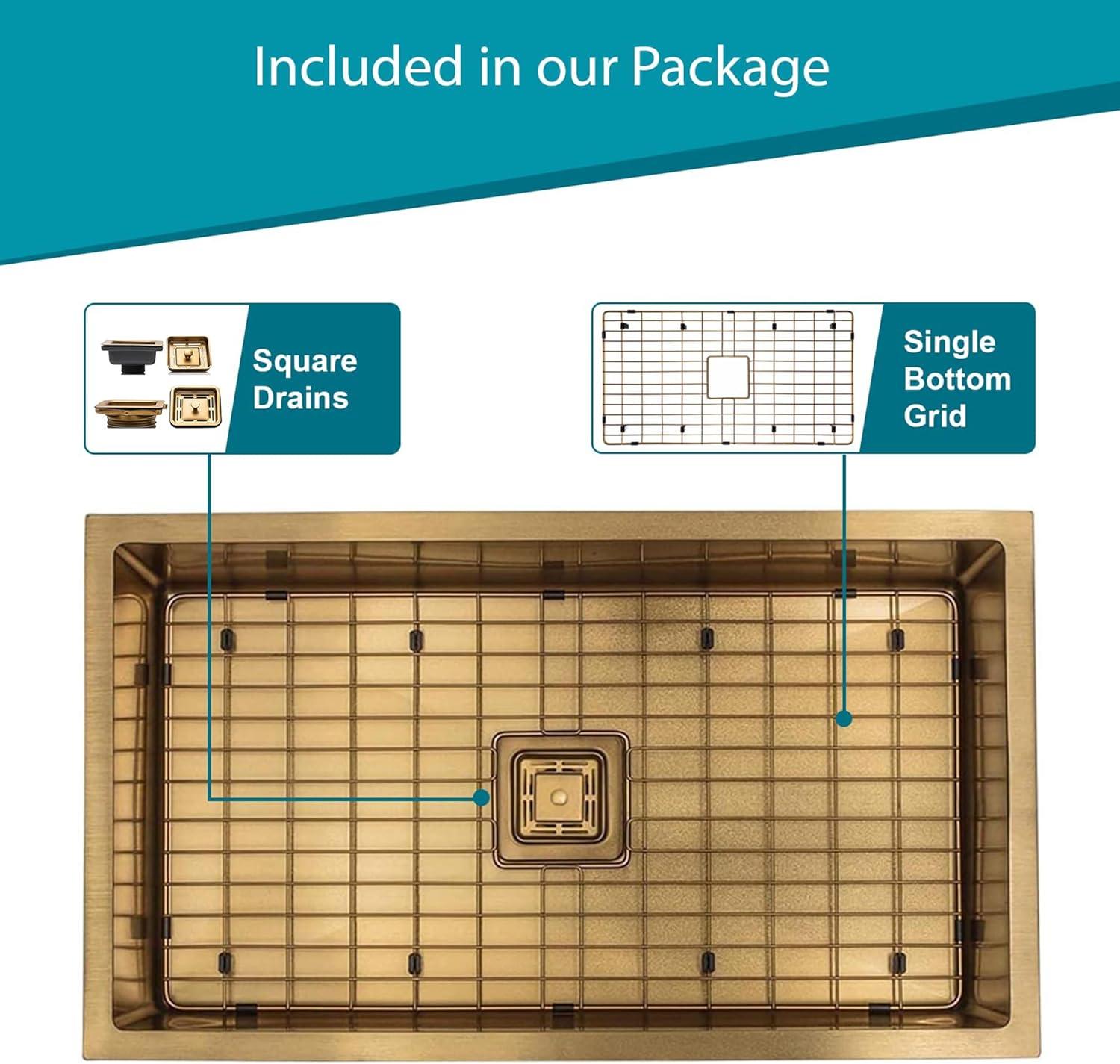 Strictly Sinks 32 Inch Undermount Single Bowl Kitchen Sink – Sink with Bottom Grid & Drain – Gold