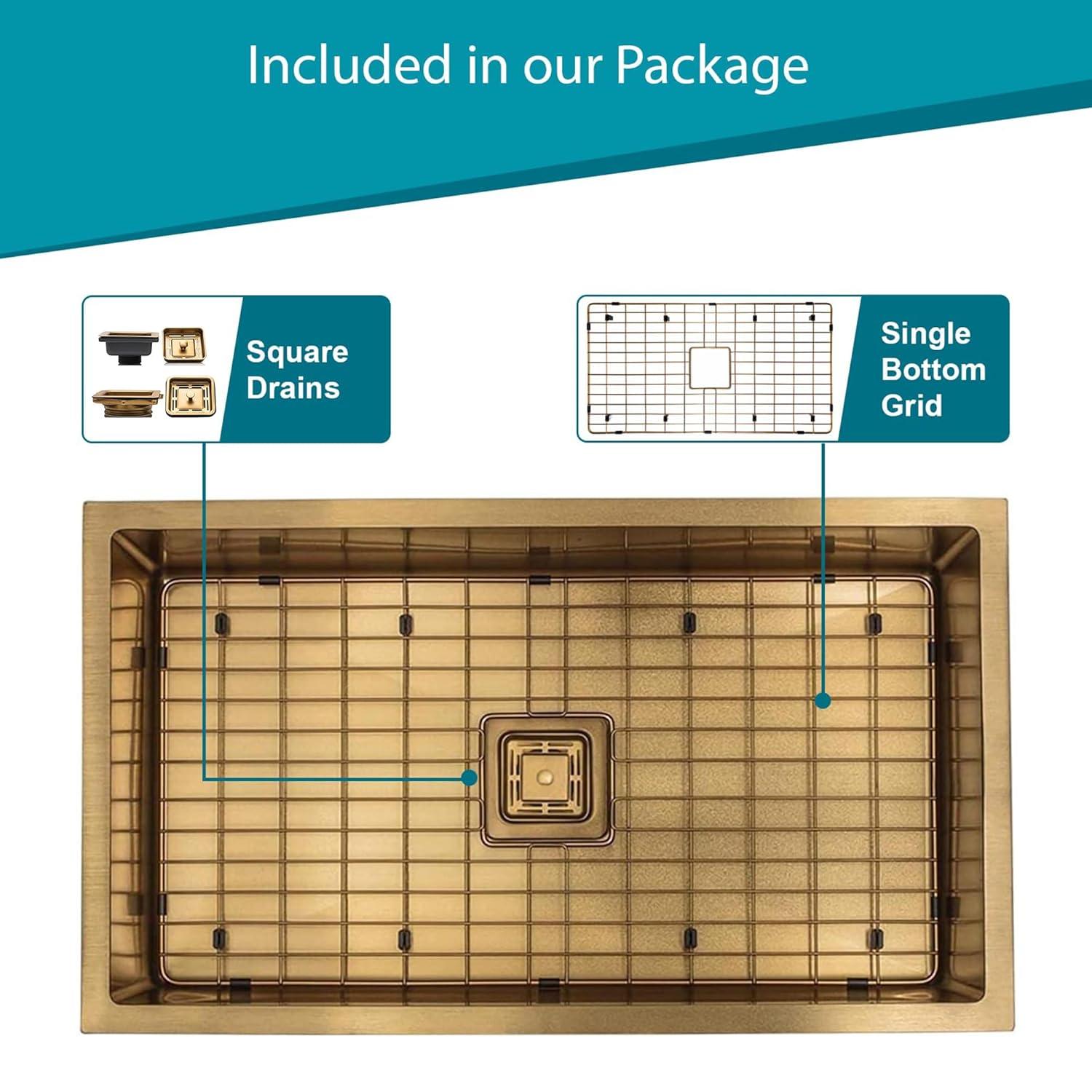 Strictly Sinks 32 Inch Undermount Single Bowl Kitchen Sink – Sink with Bottom Grid & Drain – Gold