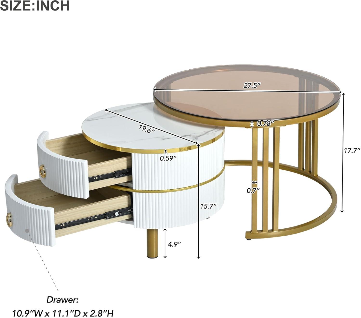 Modern Round Nesting Coffee Table Fluted with Drawer Multiple End Tables Utility Table Telephone Table for Living Room Office Bedroom Balcony, White & Gold
