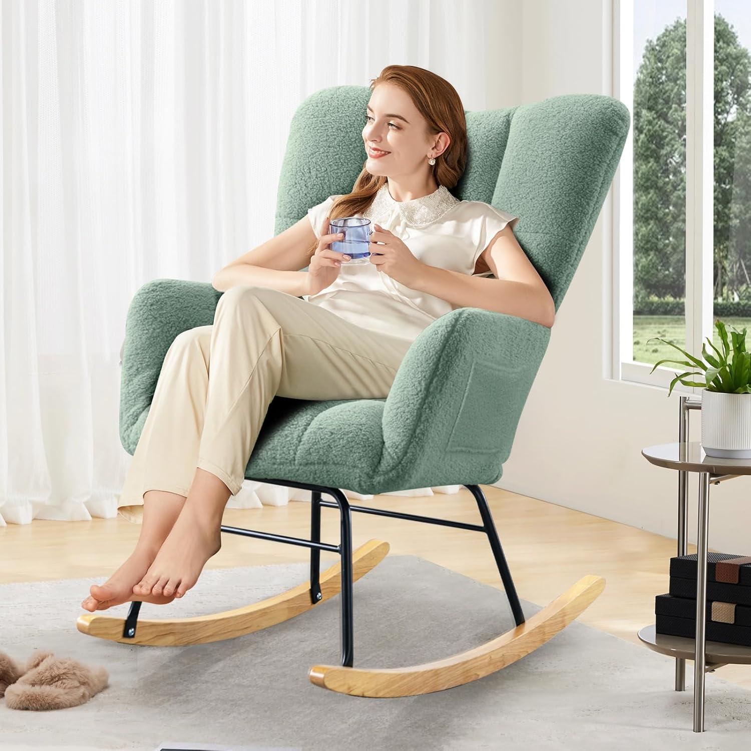 Nursery Rocking Chair Teddy, Upholstered Glider Rocker with High Backrest, Comfortable Stylish Accent Armchair with Padded Seat for Living Rooms, Bedrooms, Offices