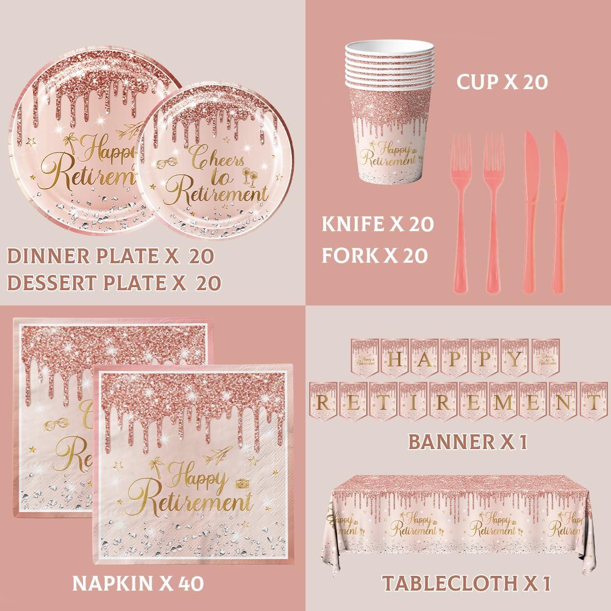 142pcs Rose Gold Retirement Party Decorations for Women, Happy Retirement Disposable Plates Napkins Cups Tablecloth Banner Cutlery for Retired Party Supplies