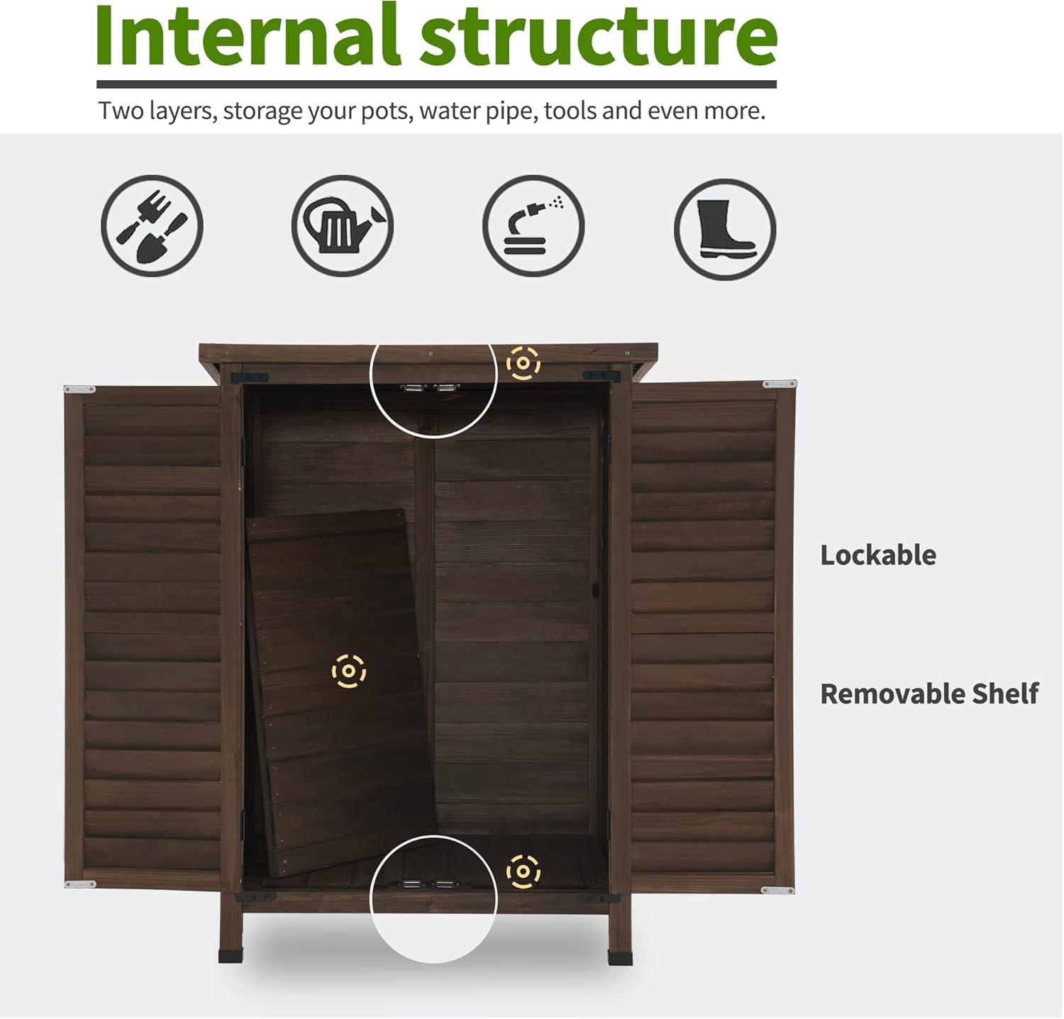 Mcombo Outdoor Wood Storage Cabinet, Small Size Garden Wooden Tool Shed with Double Doors 0985