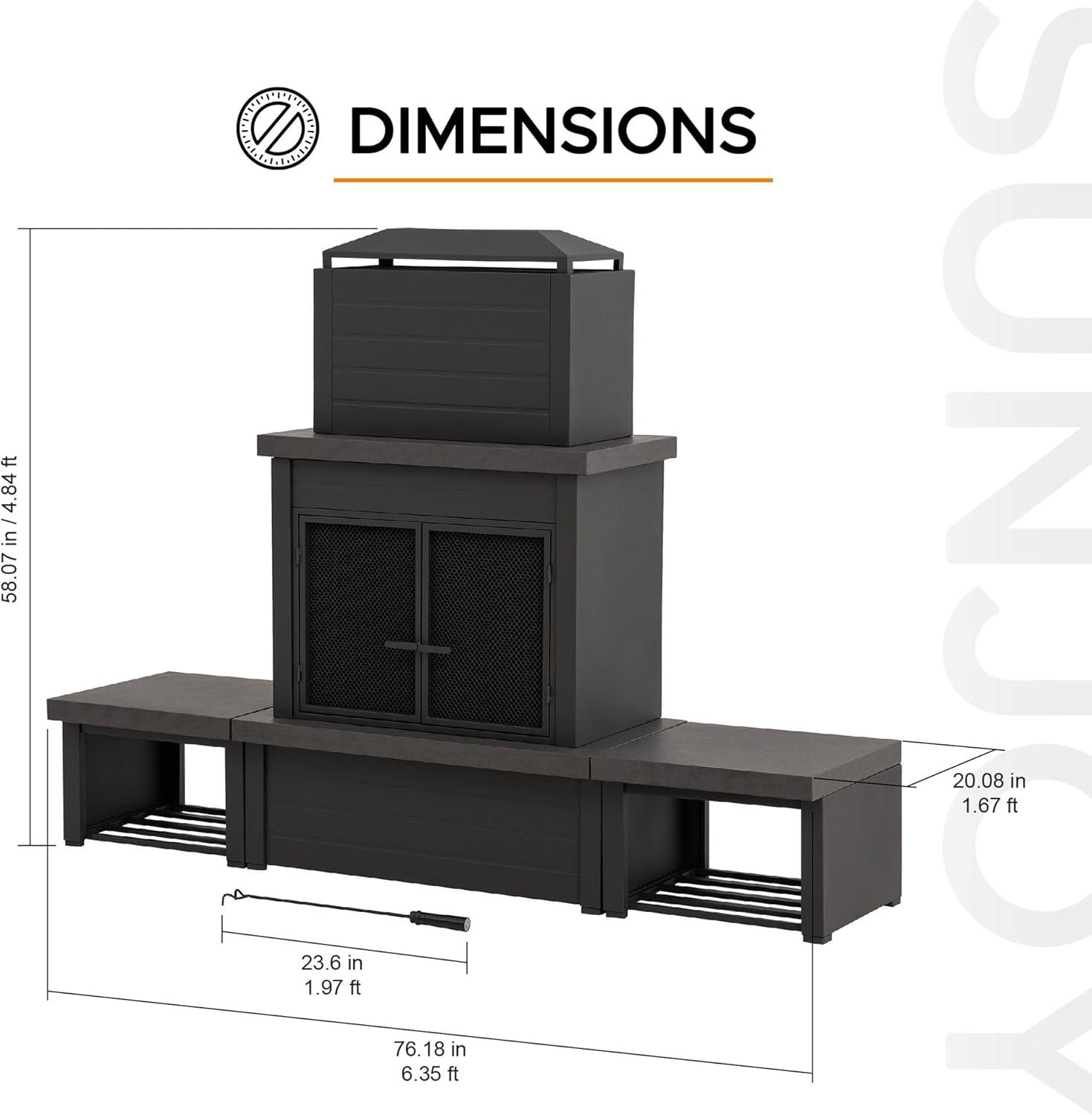 Matte Black Steel Wood-Burning Outdoor Fireplace with Chimney