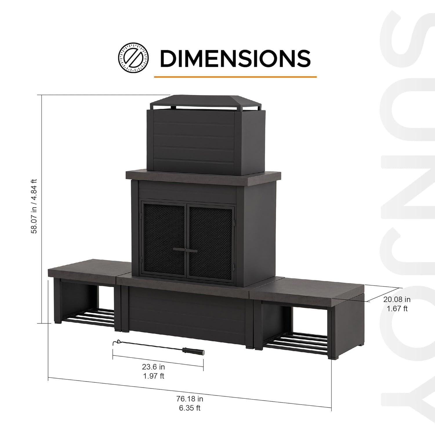 Matte Black Steel Wood-Burning Outdoor Fireplace with Chimney