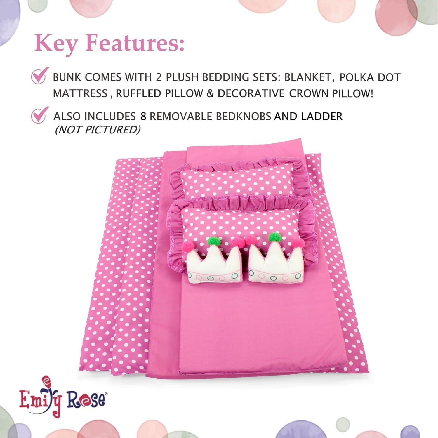 Emily Rose 18 Inch Doll Bunk Bed Furniture | 2 Single 18" Doll Stackable Beds | Bunkbed with Ladder and (2) 4-PC Bedding Accessory Sets | Ideal Girls Gift Set for Easter | USA Business