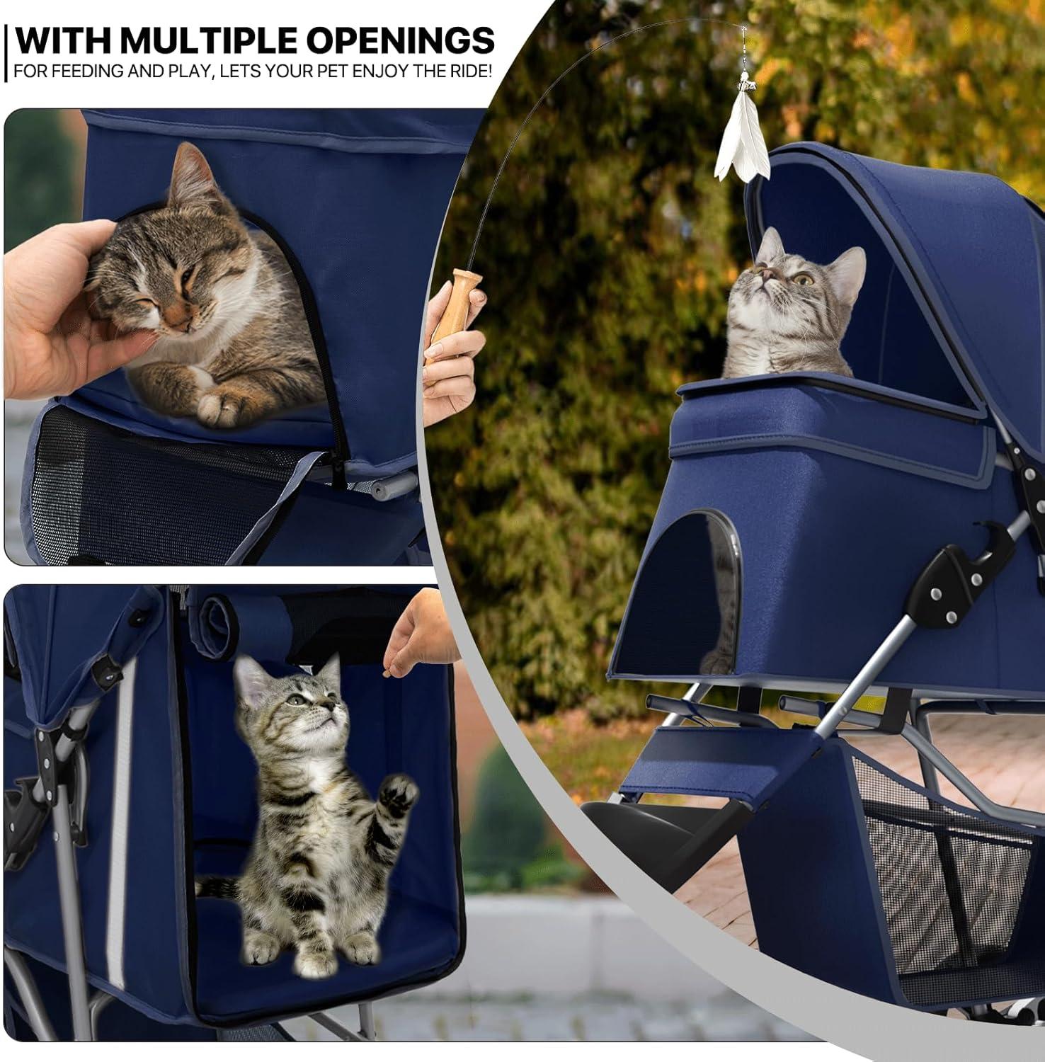 MoNiBloom Foldable Pet Dog Stroller with Wheels, Cat Dog Stroller with Storage Basket and Cup Holder for Small and Medium Cats, Dogs, Puppy, Navy Blue