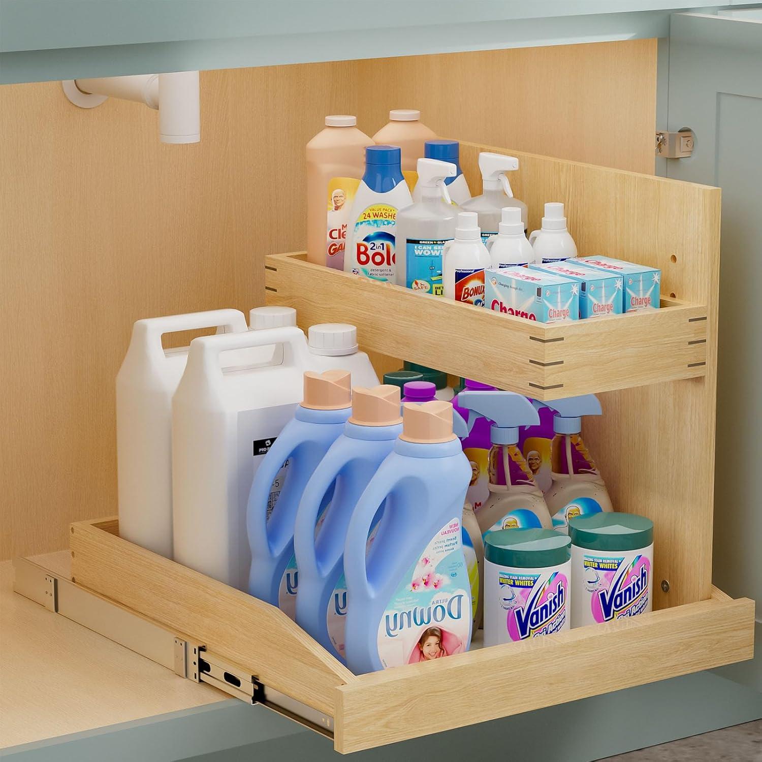 Under Sink Organizers , 2 Tier Pull Out Cabinet Organizer with Soft Close, Adjustable Multi-Purpose Under Sink Organizer(Left)