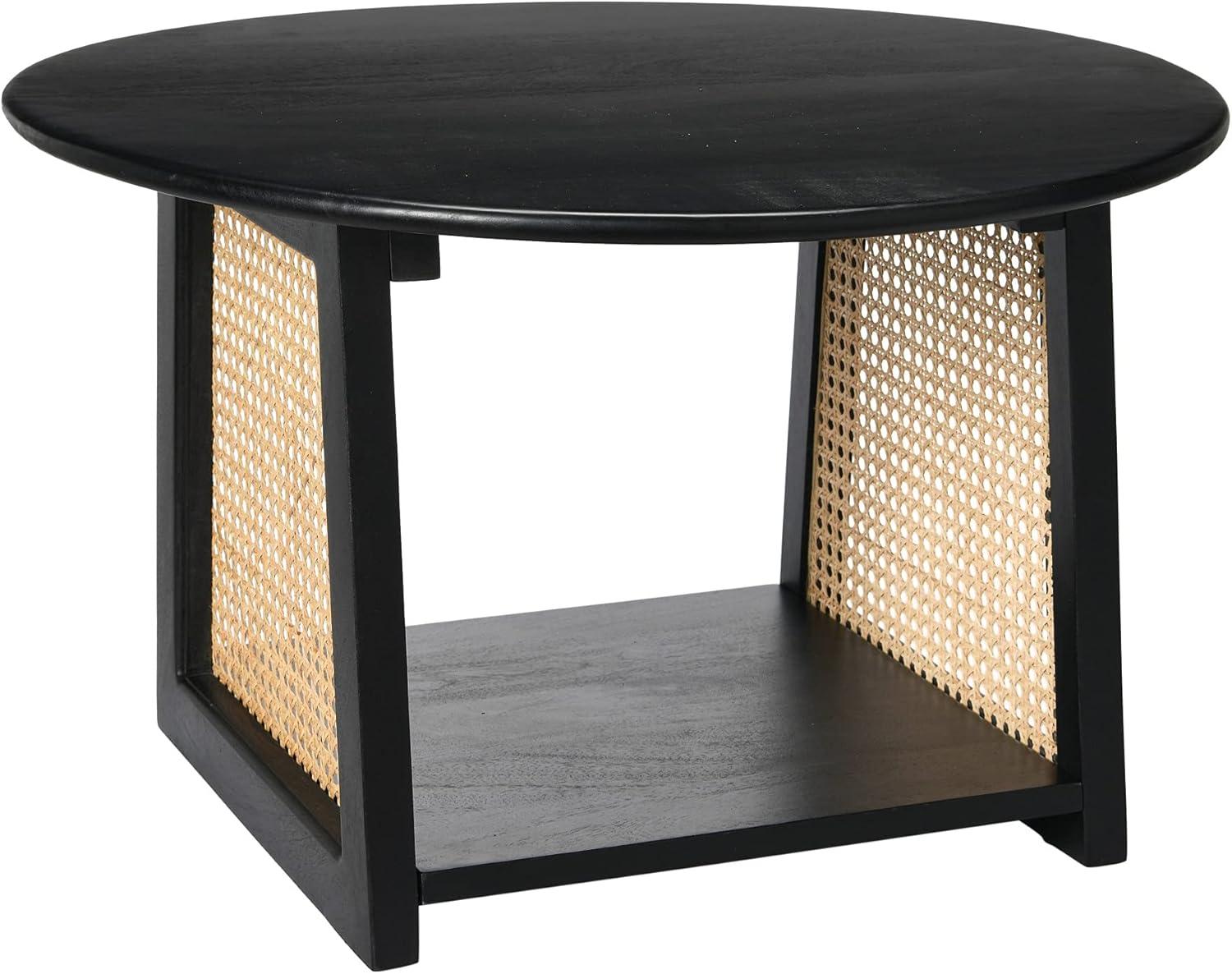 Storied Home Mango Wood and Cane Coffee Table with Shelf Black: Round, Modern, 25.75" Diameter