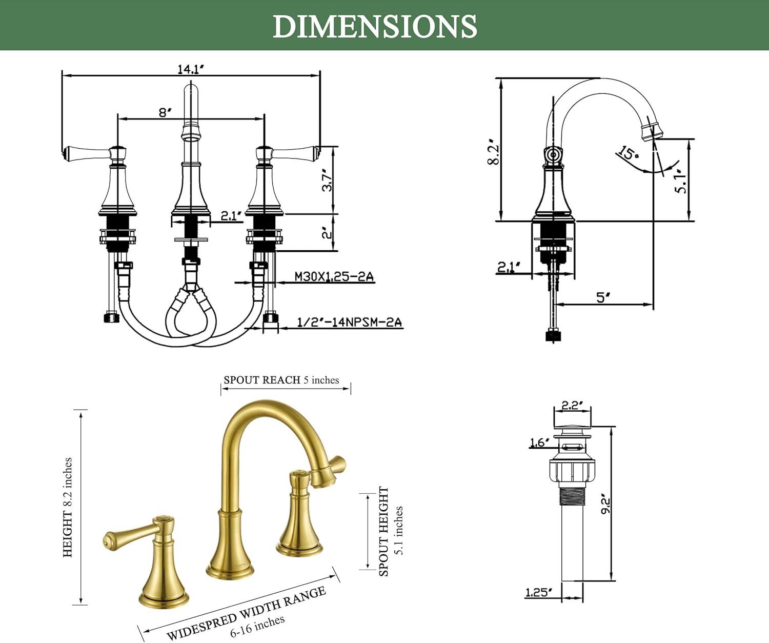 Brushed Gold Double Handle Widespread Bathroom Faucet with Drain Kit