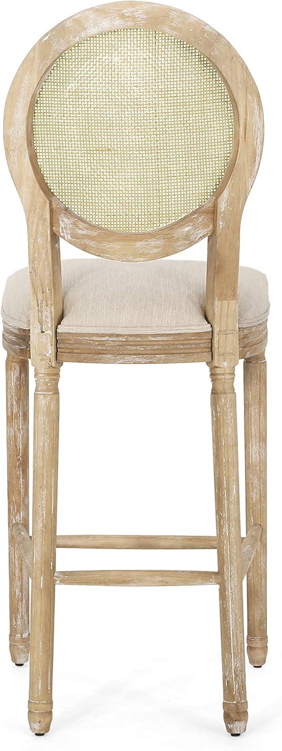 Beige and Natural French Country Wooden Barstools with Wicker Backrest, Set of 2