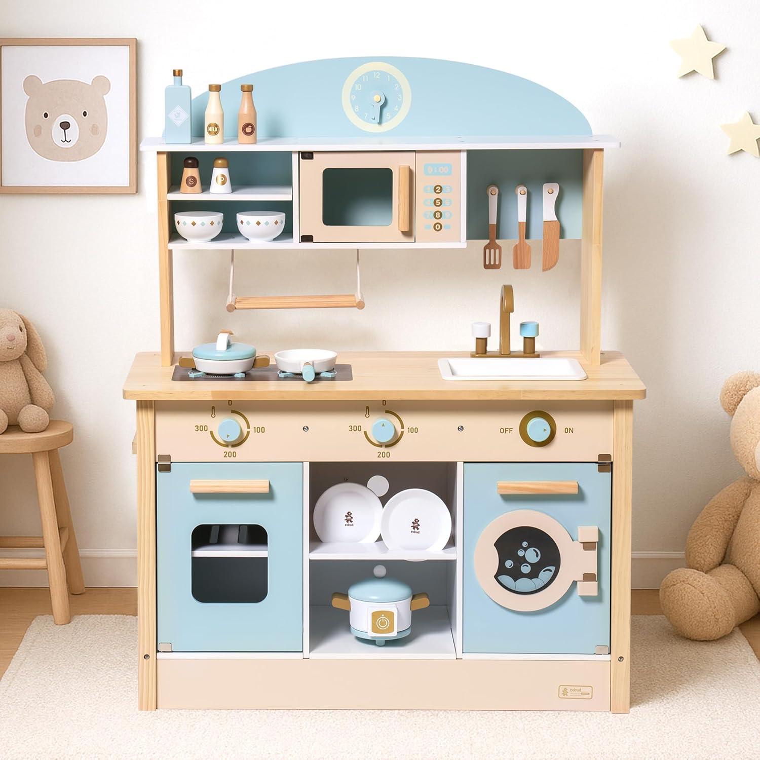 ROBUD Solid Wood Play Kitchen & Accessories Set, Preschool Kitchen Set, Kids Kitchen Playset