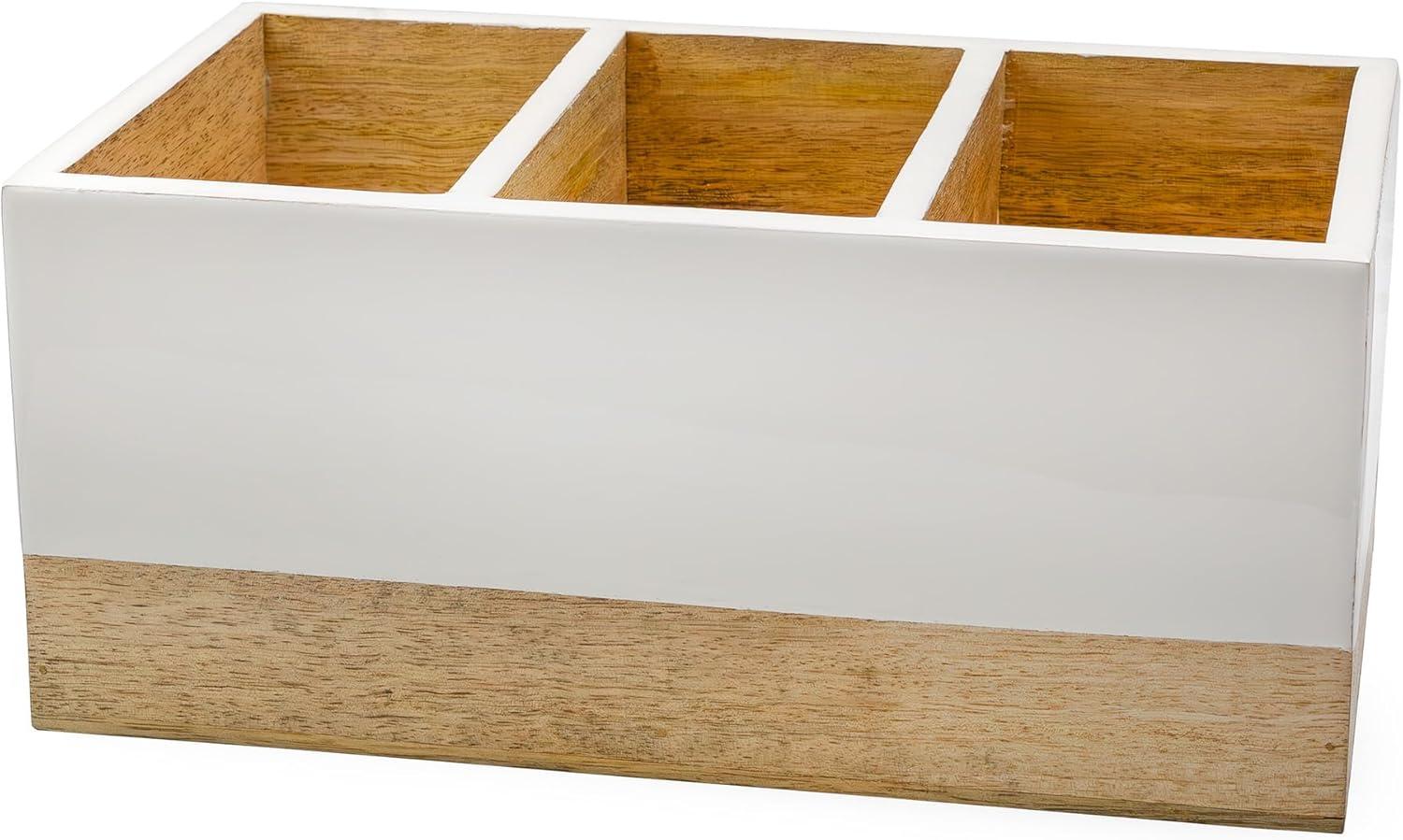 AuldHome Wood/Enamel Utensil Holder, Mango Wood 3-Compartment Farmhouse Cooking Caddy or Spoons/Forks/Knives Storage