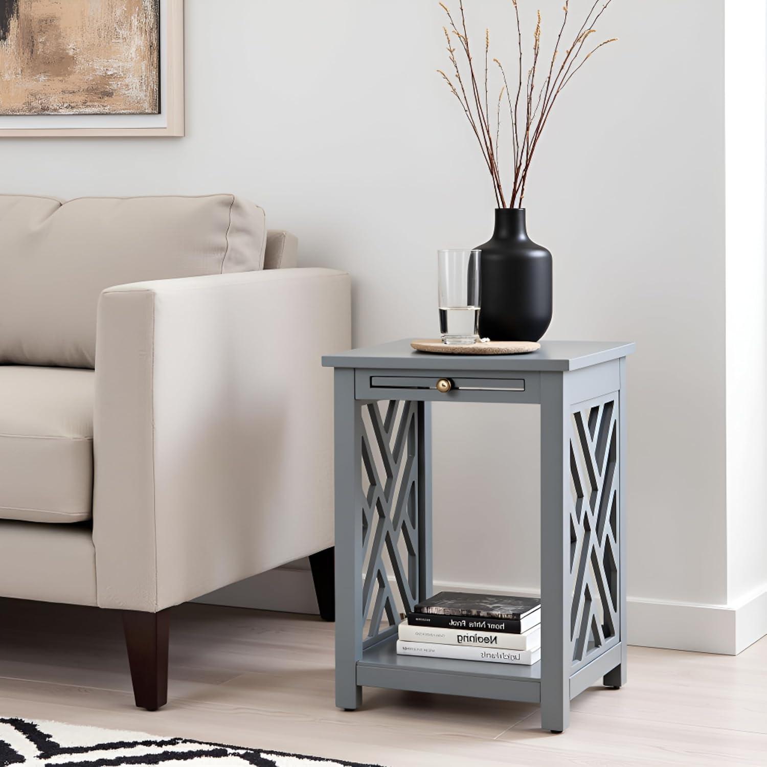 Alaterre Furniture Coventry Wood End Table with Tray Shelf and Bottom Shelf, Gray