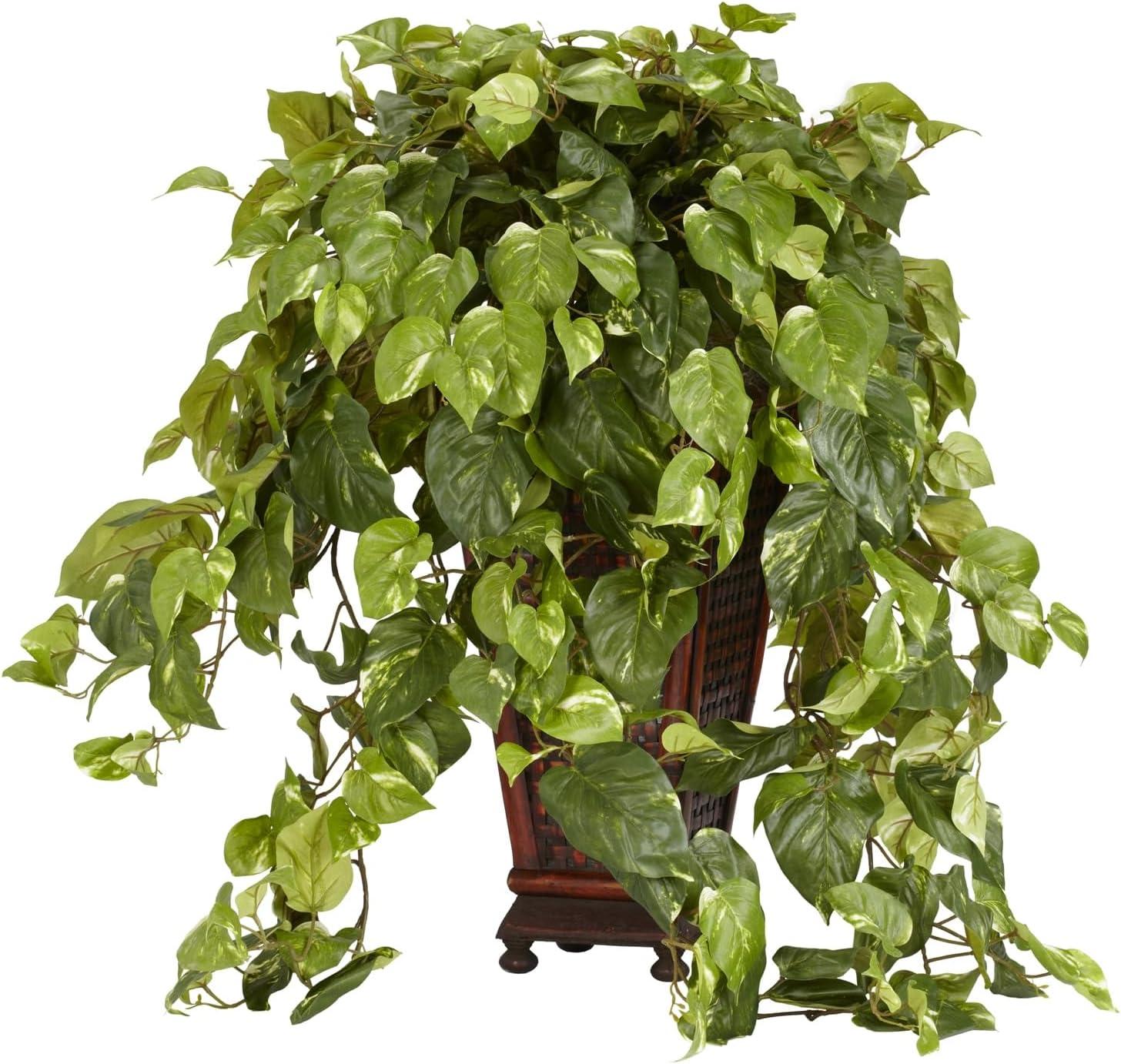 Green Silk Vining Pothos Floor Plant with Ornate Wooden Planter