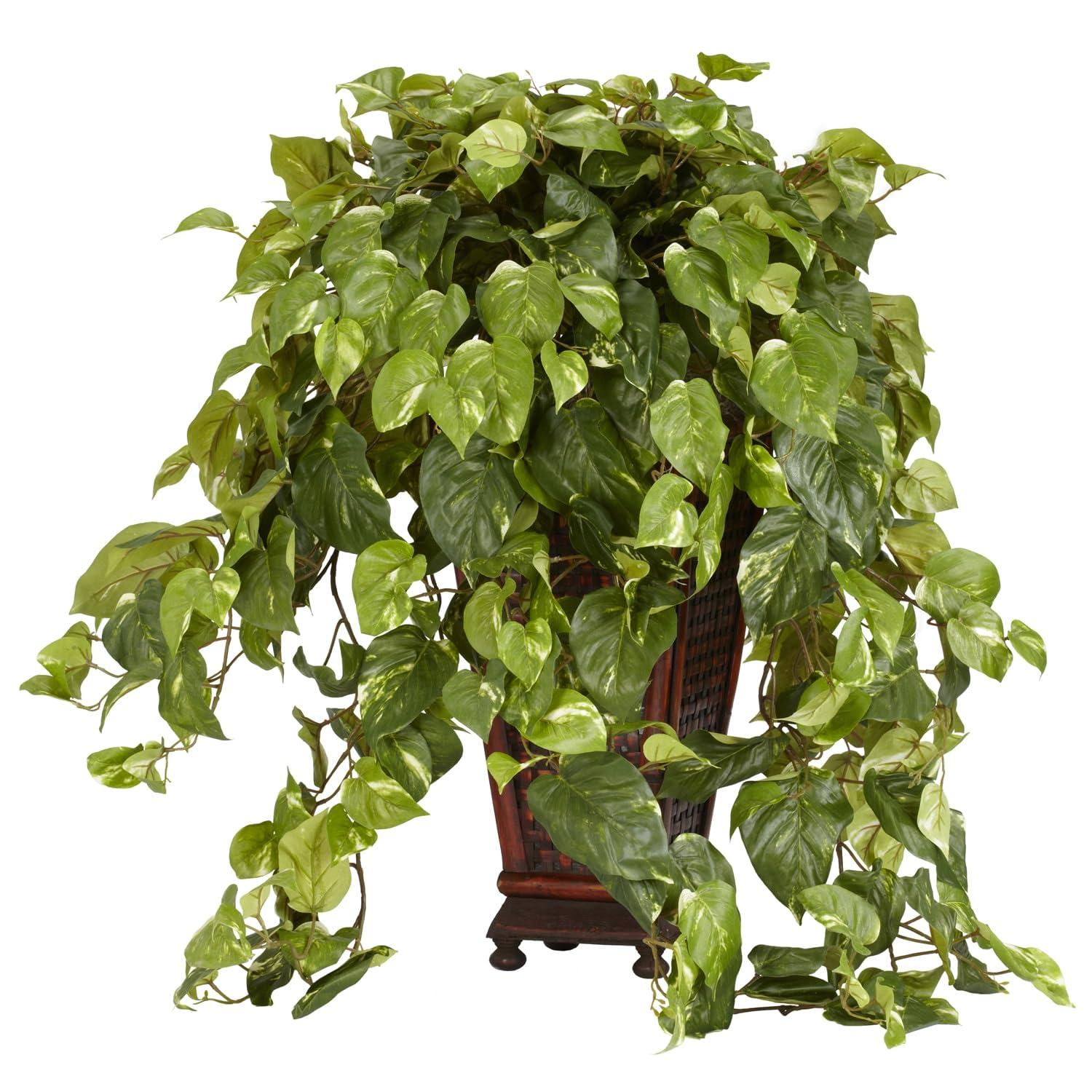 Green Silk Vining Pothos Floor Plant with Ornate Wooden Planter