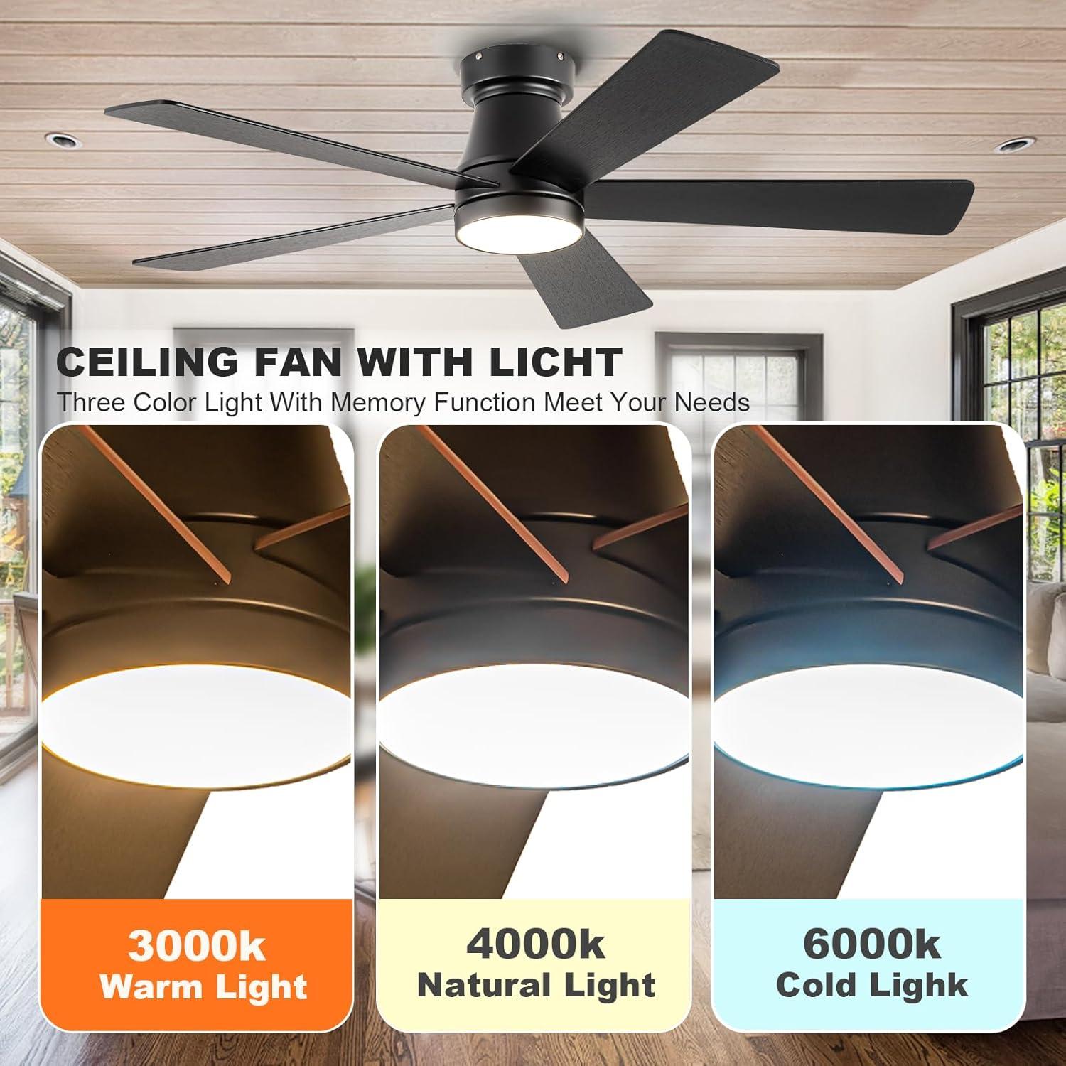 Low Profile 52" 5-Blades Indoor Flush Mount Ceiling Fan with Reversible DC Motor and Remote Control