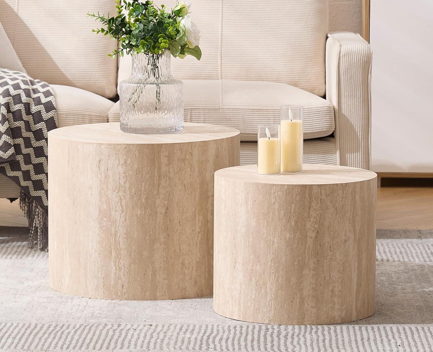 Latitude Run® Set of 2 Modern Round Wood Nesting Coffee Table Circle Travertine End Side Table Sets