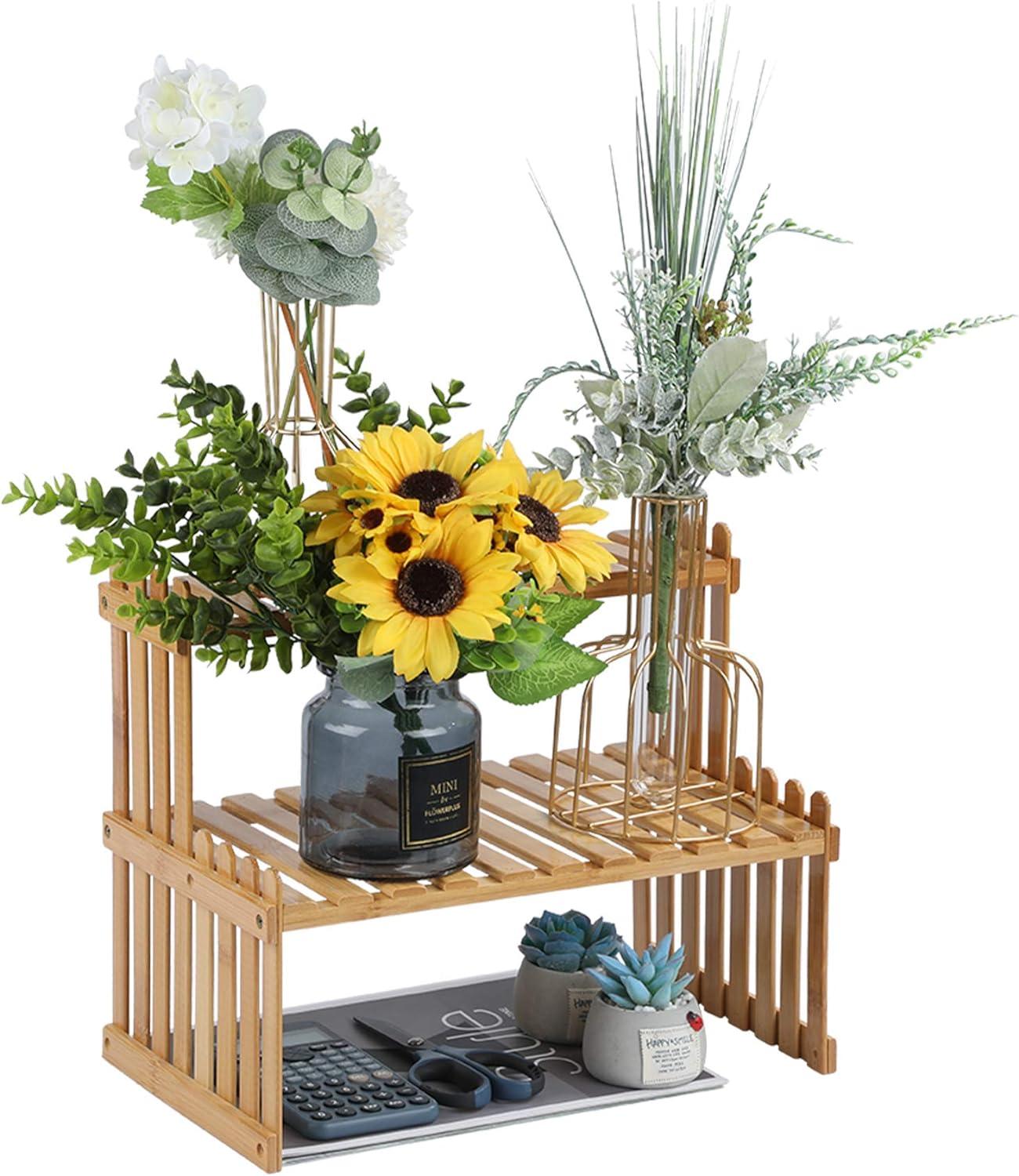 Natural Bamboo Adjustable 2-Tier Plant Stand Shelf