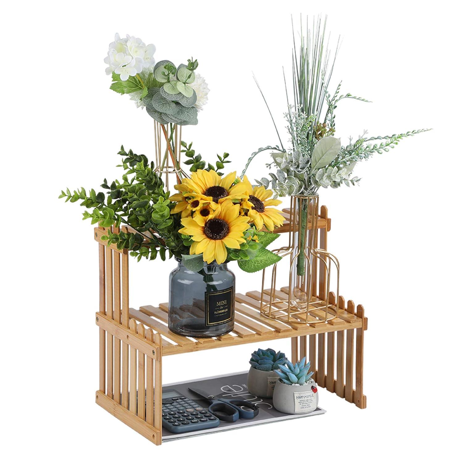 14.6"/18.5" 2 Tiers Bamboo Plant Stand Shelf,Desk Flower Pot Holder,Adjustable Desktop Shelf Display Organizer Ladder Rack For Office Decorate Storage Rack,Kitchen rack (14.6" Length)