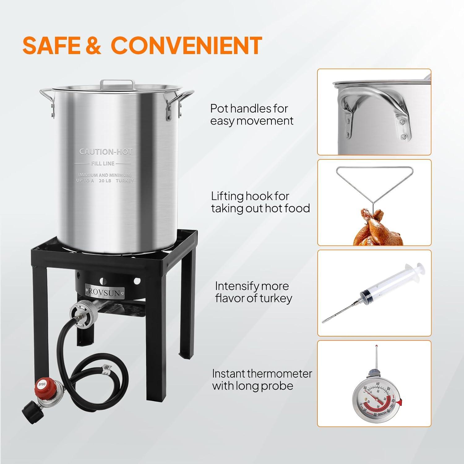 ROVSUN 30QT Turkey Fryer & 10QT Fish Fryer with 55000BTU Propane Burner, Outdoor Deep Fryer & Seafood Crawfish Boiler Steamer Pot with Thermometer, Marinade Injector, Turkey Rack & Rack Lifter
