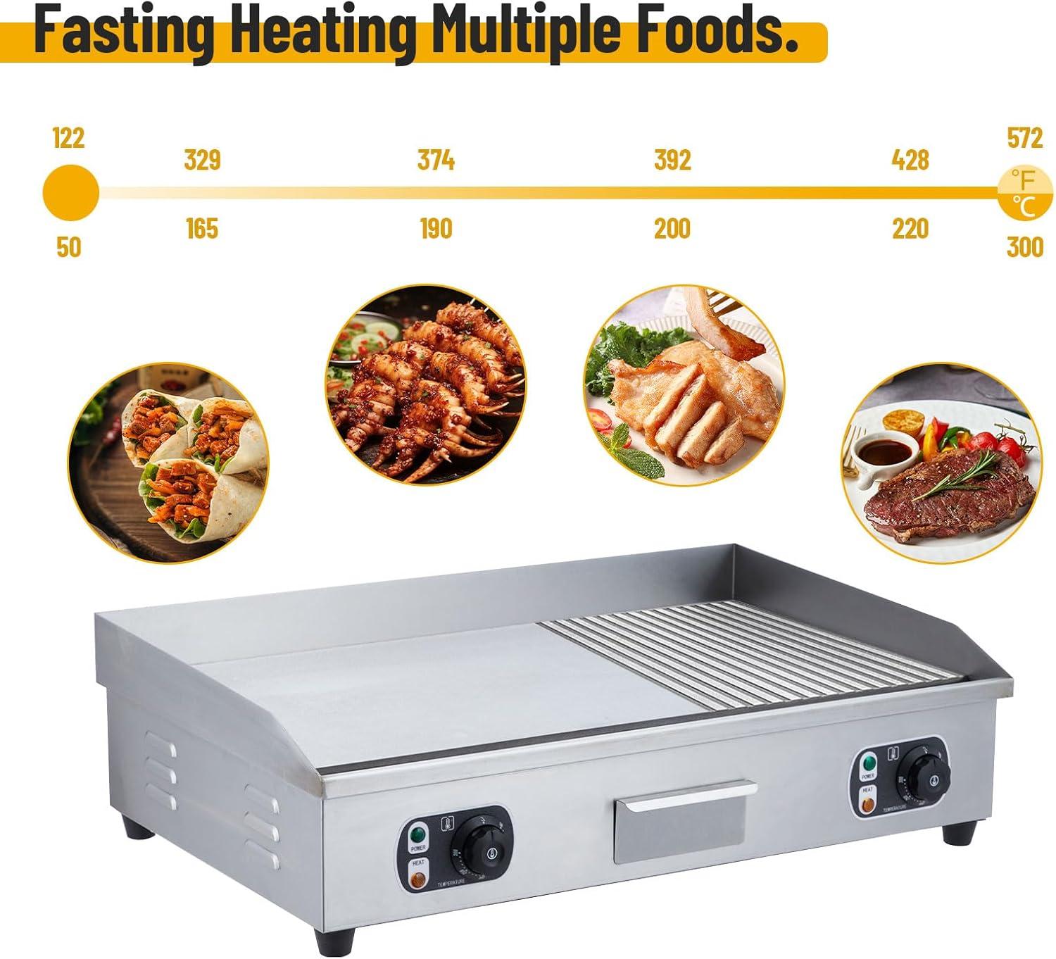 Commercial Electric Griddle with Adjustable Thermostatic Control 122°F-572°F Electric Countertop Flat Top Griddle 110V 60HZ Non-Stick  Teppanyaki Stainless Steel Grill for Home Restaurant