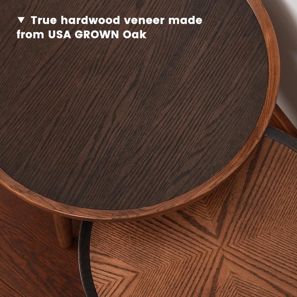 CONSDAN Nesting Table, Solid Oak Hardwood Structure Round Coffee Table & Side Table with Solid Wood Feet for Living Room, Bedroom, Balcony - Standard