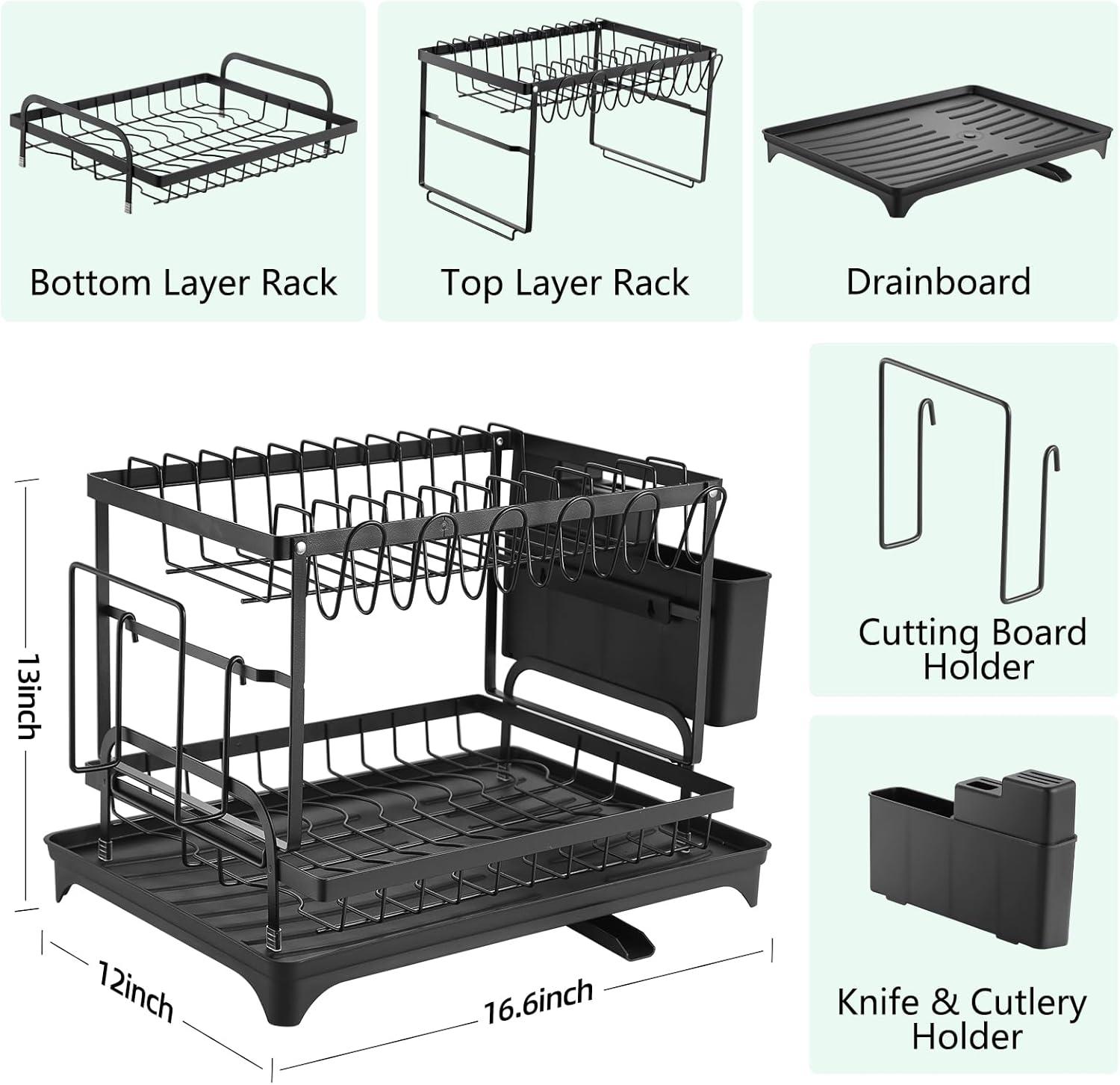 Black Stainless Steel 2-Tier Dish Drying Rack with Utensil Holder