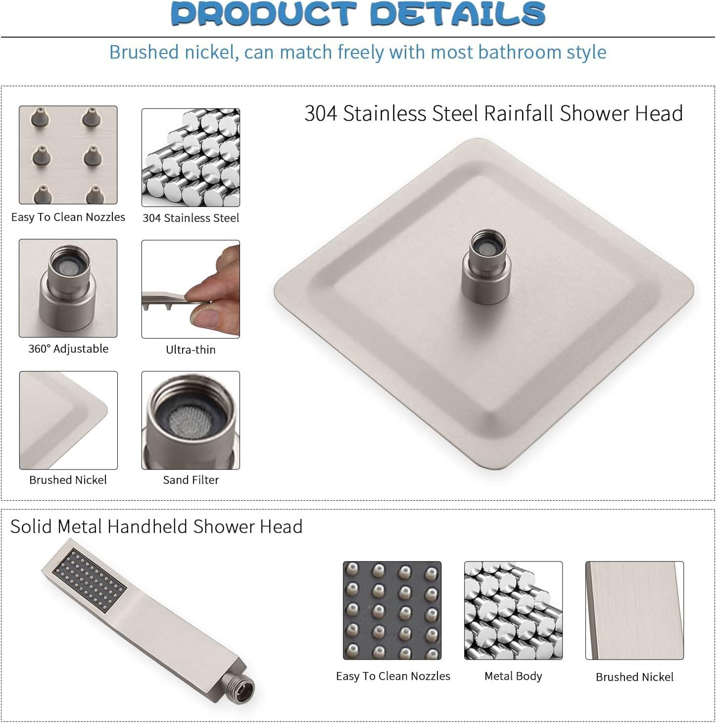 All Metal Shower Faucet Set, Dual Square Shower Head System with Handheld Wand & Rainfall Showerhead, Diverter, Hose Complete Combo, Pressure Balance Rough-in Valve Included
