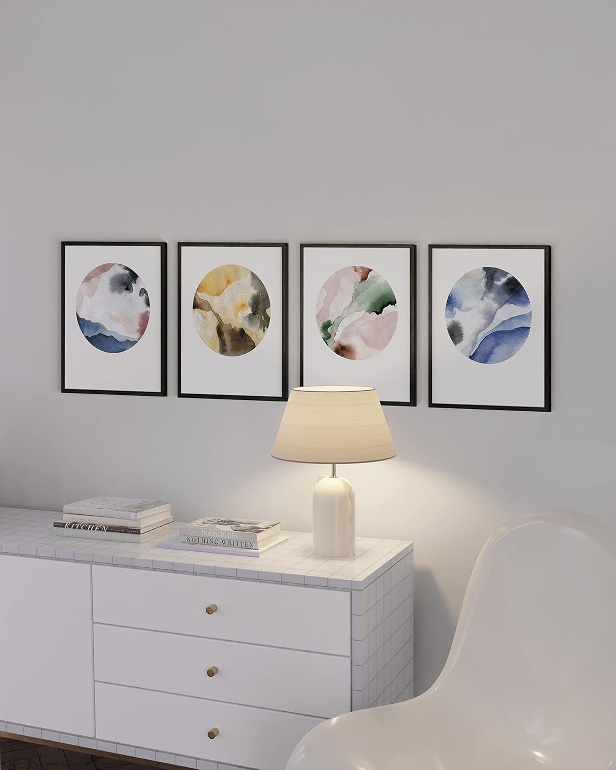 Set of 4 Abstract Watercolor Circle Prints in Black Frames