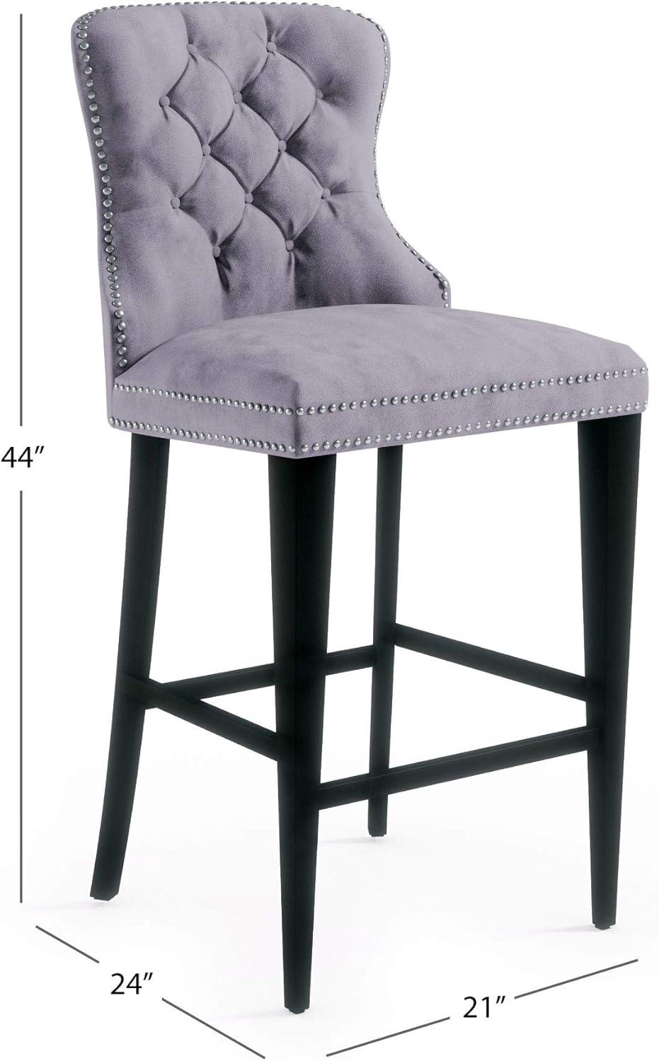 Elegant Gray Velvet & Wood High Back Bar Stool with Silver Nailhead Trim