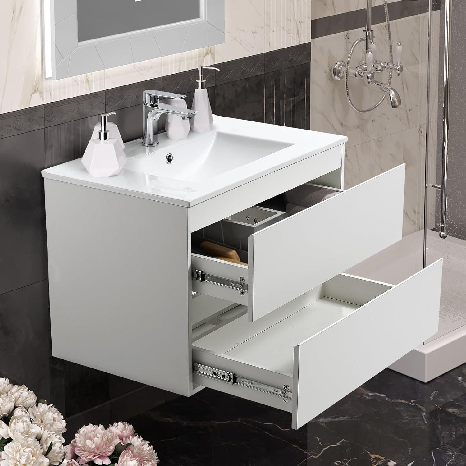 30" White Wall-Mounted Bathroom Vanity with Ceramic Sink and Storage