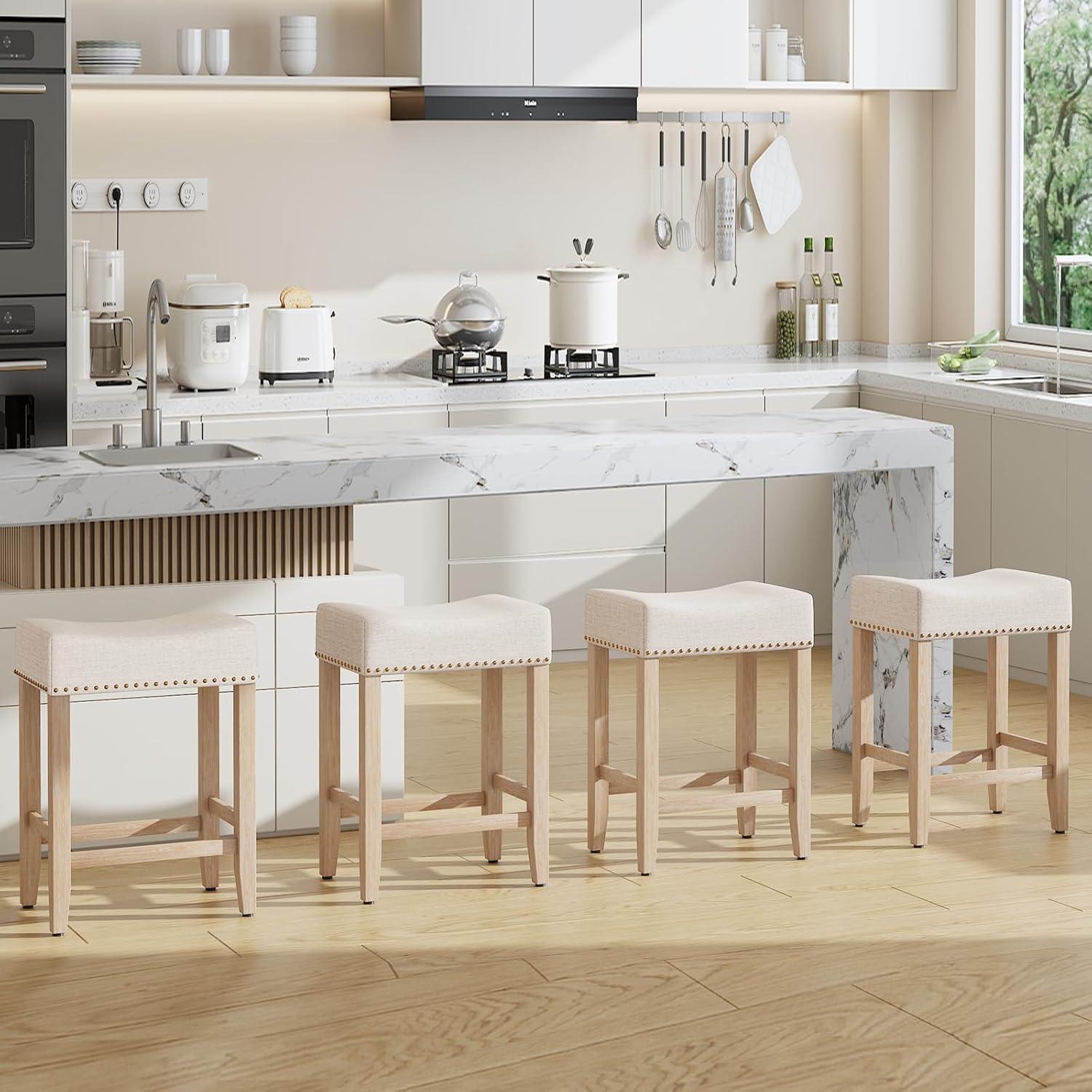 Furniliving 26" Counter Height Bar Stools, Linen Backless Saddle Seat Barstools, Set of 4,Beige