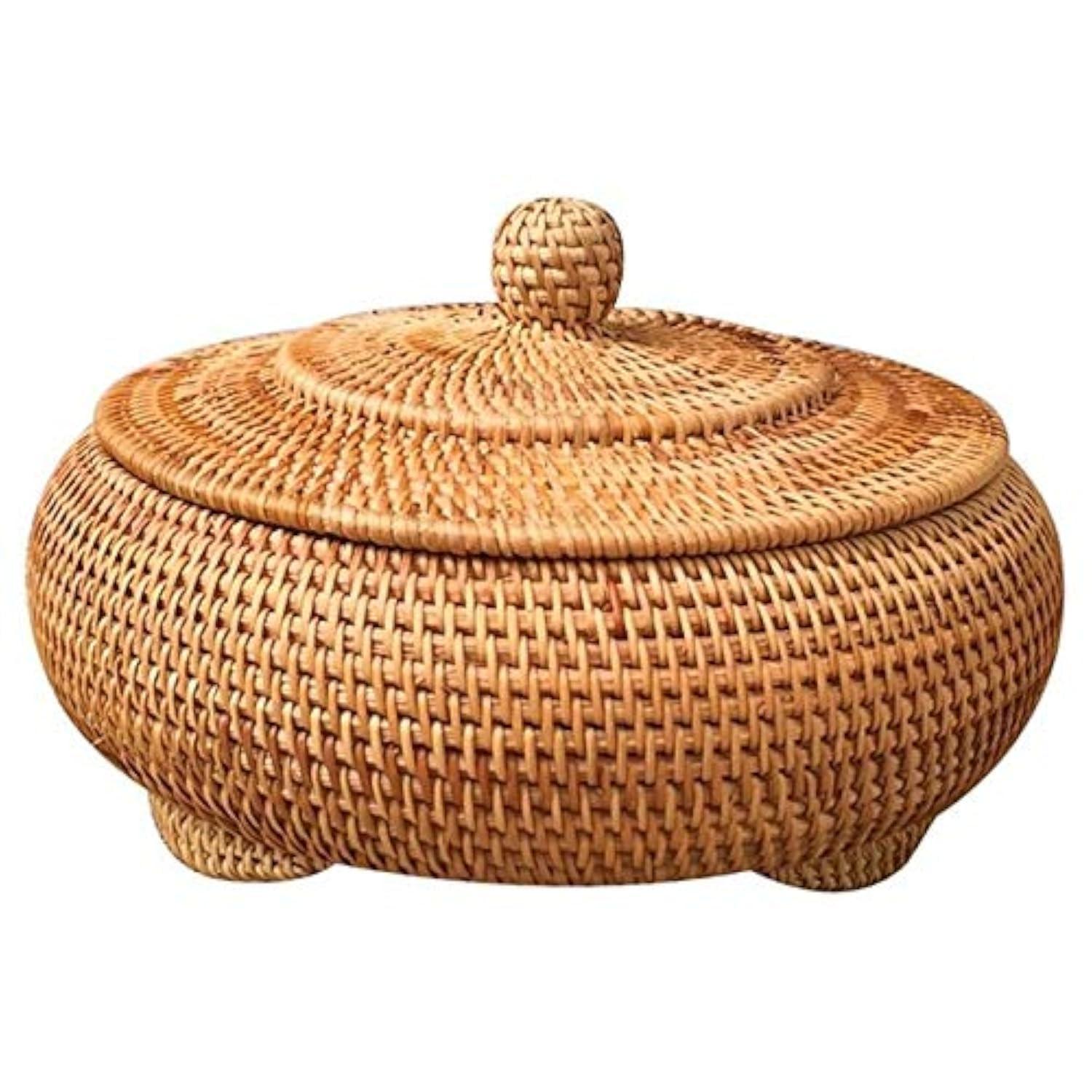 Round Rattan Boxes with Lid Hand-Woven Multi-Purpose Wicker Tray 8.6Inch Picnic Food Bread Table Storage Basket (22x13cm)