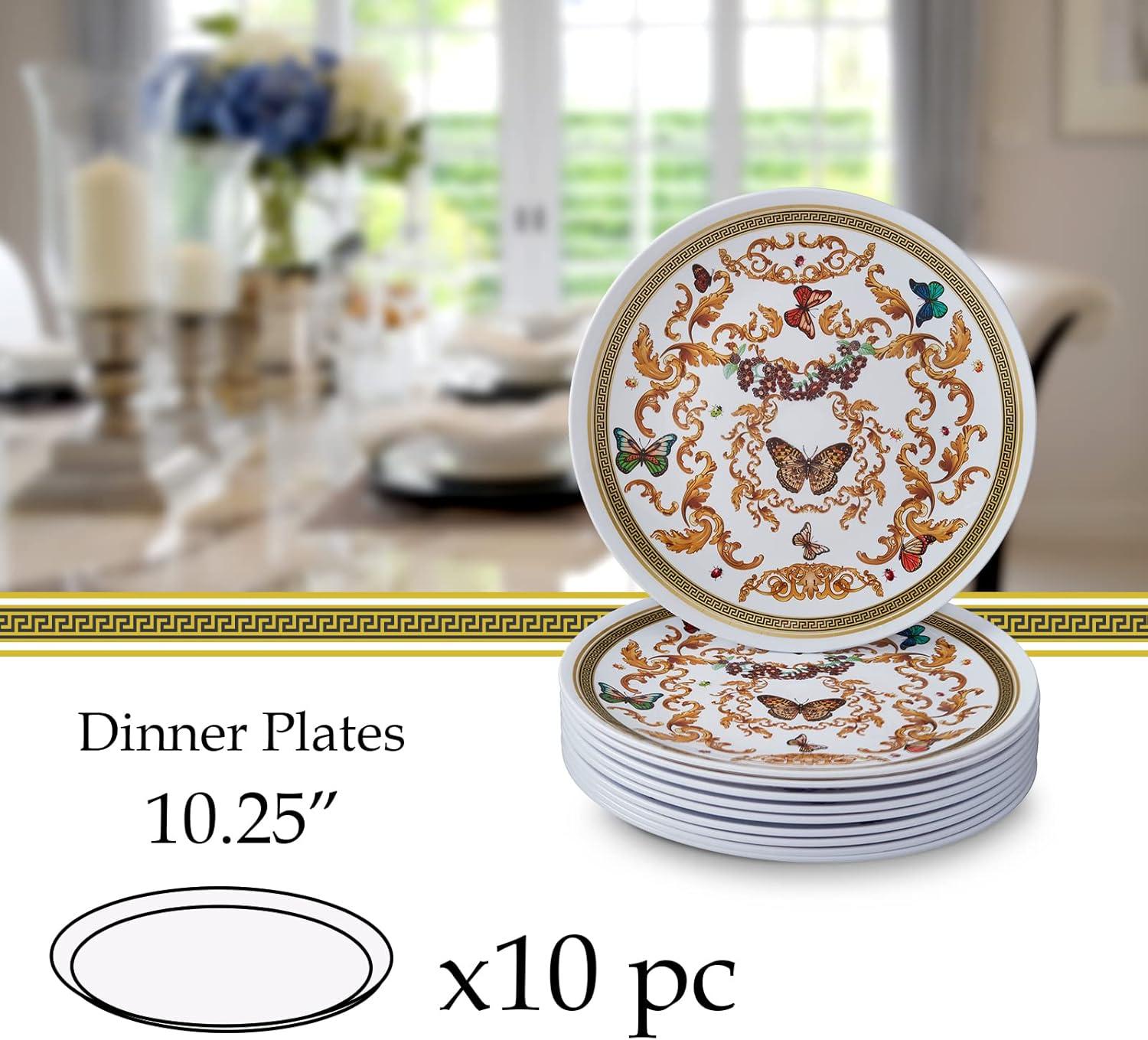 White and Gold Butterfly Garden Plastic Dinner Plates, 10.25" Set of 10